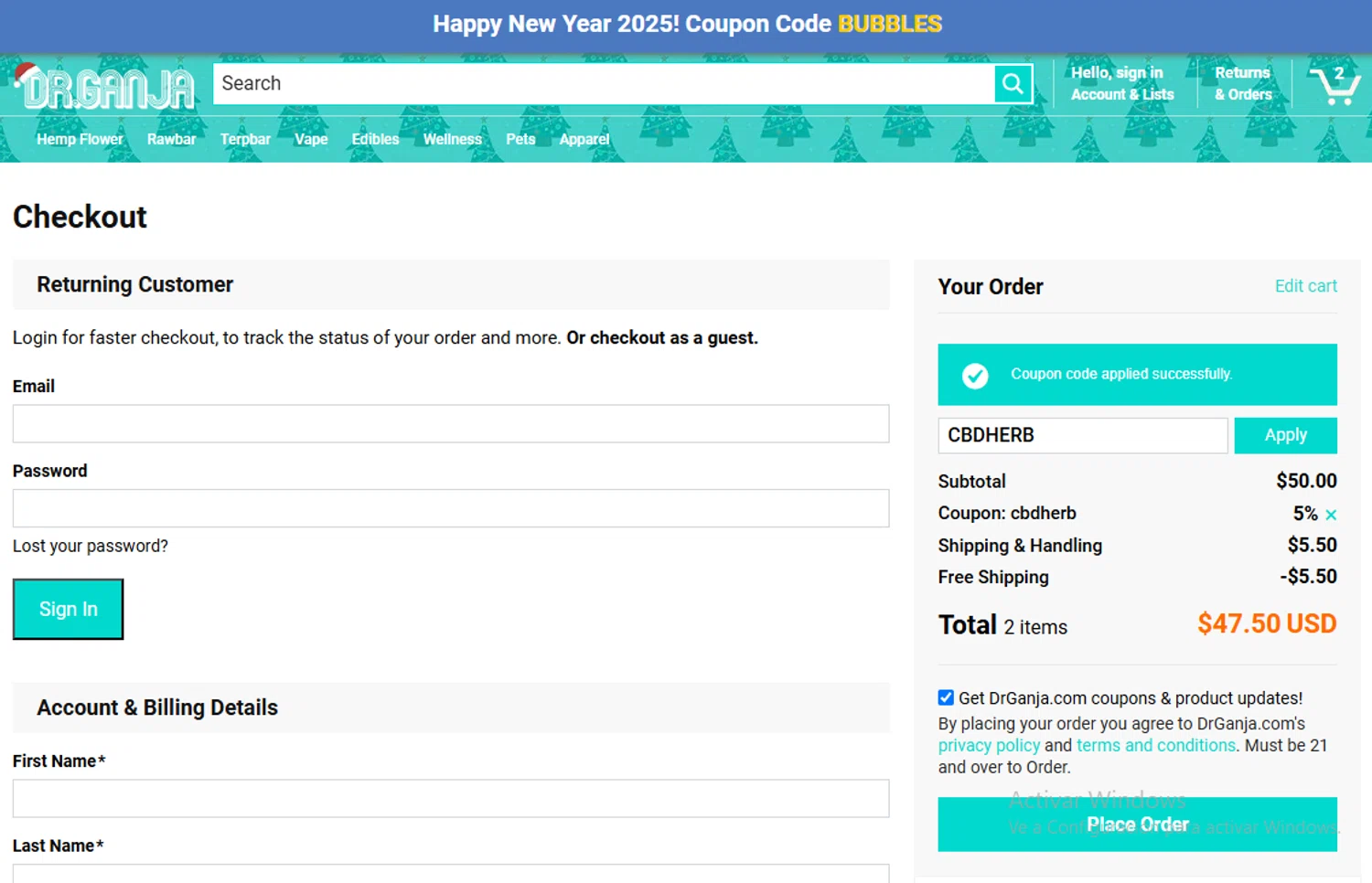 Dr.Ganja coupon code screenshot showing code CBDHERB applied at Dr.Ganja checkout page. Uploaded by SimplyCodes community member Gary_23 on Jan 6, 2025