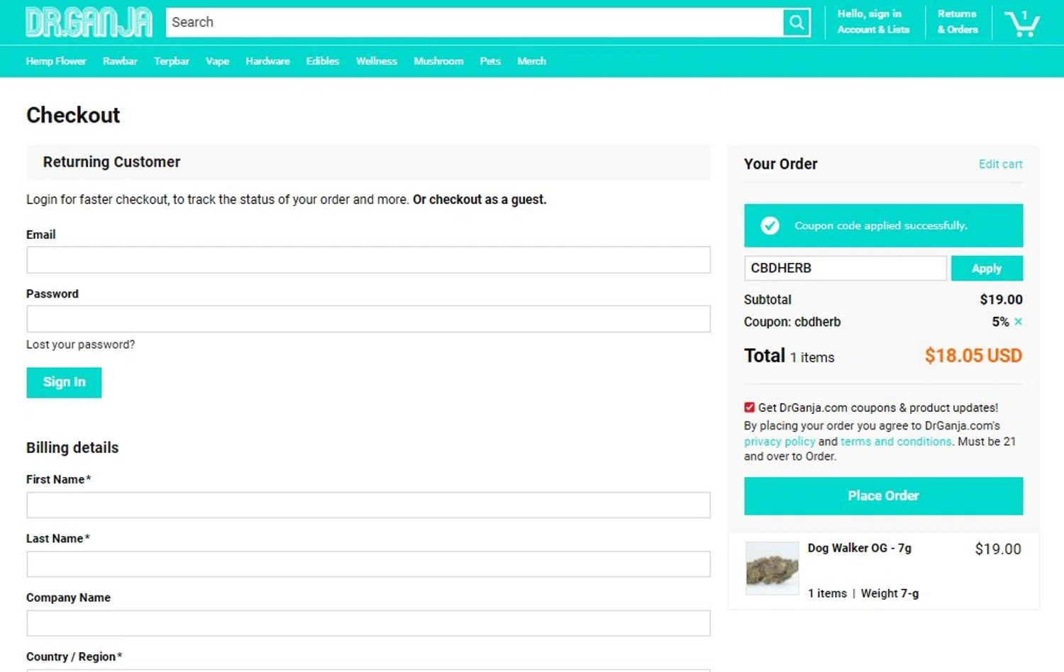 Dr.Ganja coupon code screenshot showing code CBDHERB applied at Dr.Ganja checkout page. Uploaded by SimplyCodes community member TOTONEROFL on Jul 25, 2025