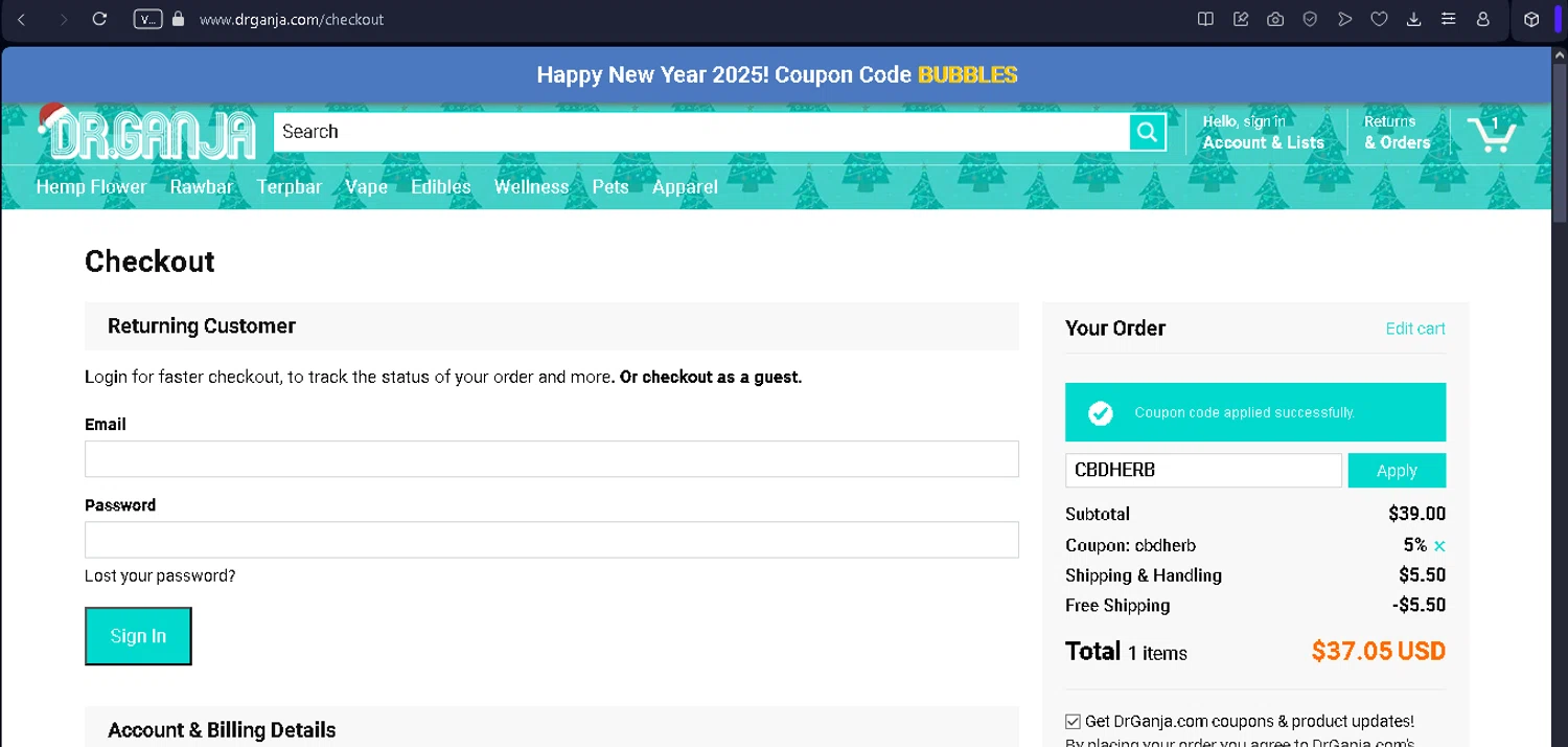 Dr.Ganja coupon code screenshot showing code CBDHERB applied at Dr.Ganja checkout page. Uploaded by SimplyCodes community member NobleSentinel8535 on Jan 6, 2025