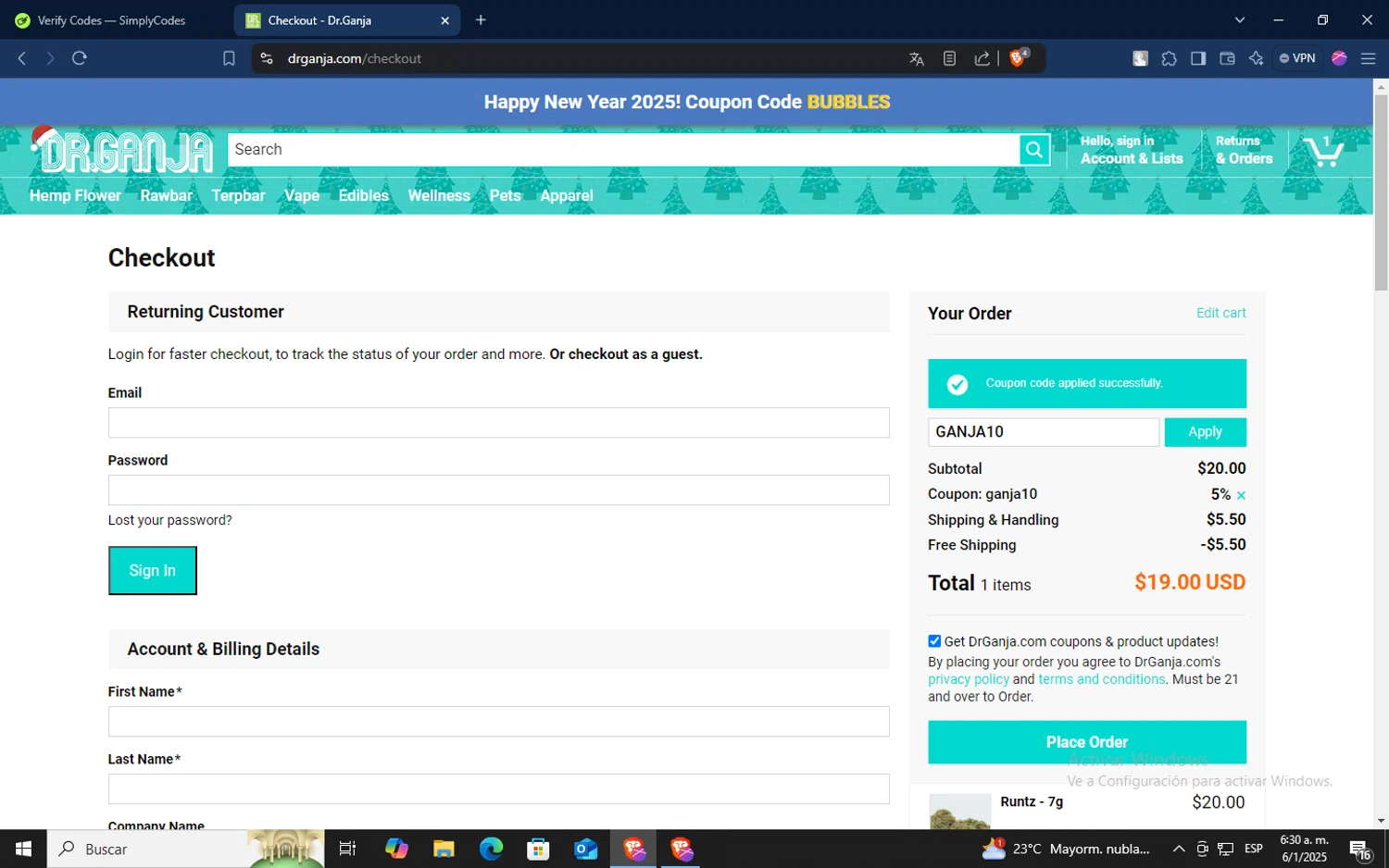 Dr.Ganja coupon code screenshot showing code GANJA10 applied at Dr.Ganja checkout page. Uploaded by SimplyCodes community member TokenSaver1205 on Jan 6, 2025