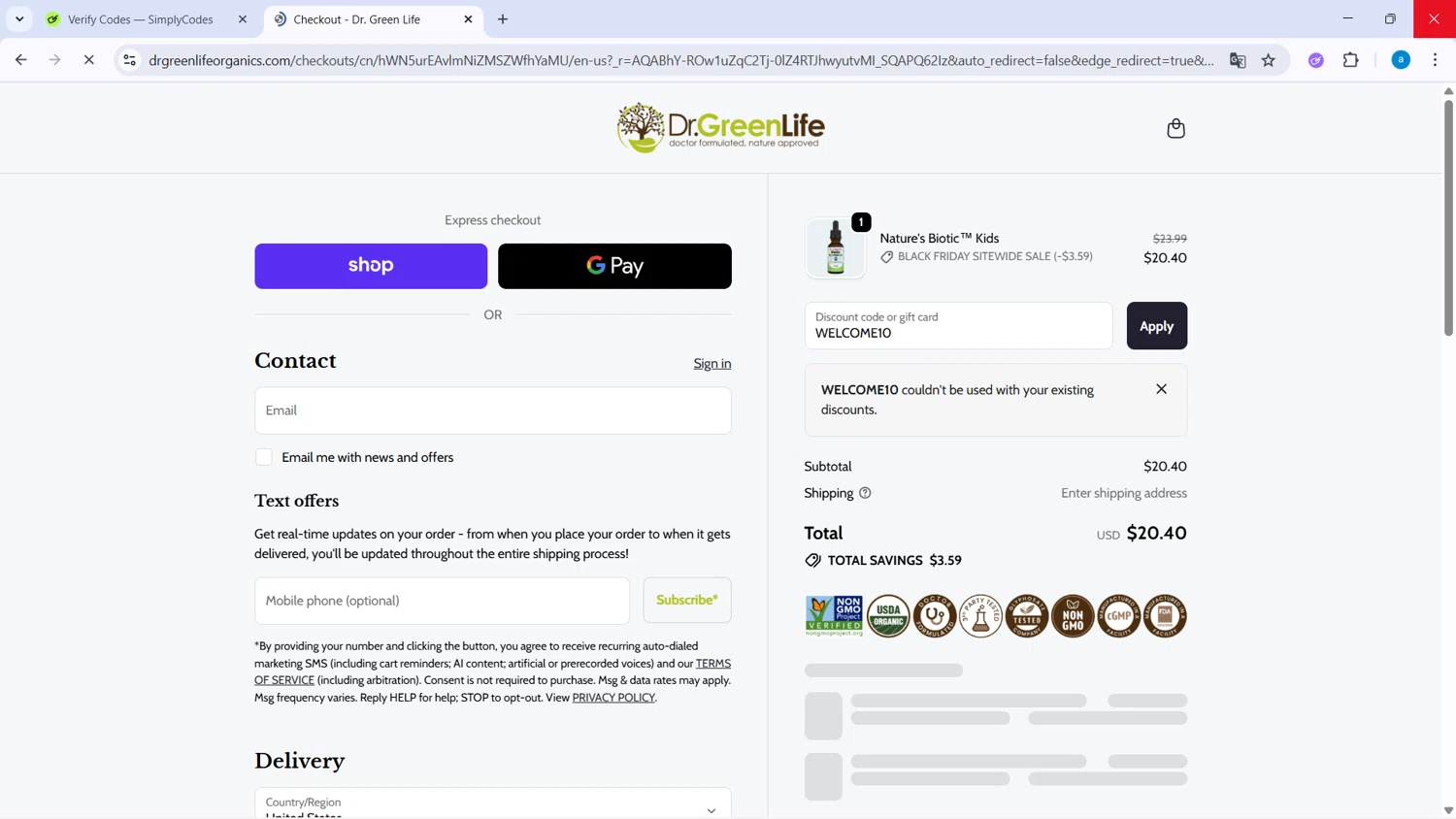 Dr. Green Life discount code screenshot showing code WELCOME10 applied at Dr. Green Life checkout page. Uploaded by SimplyCodes community member WiseHawk9255 on Dec 1, 2025