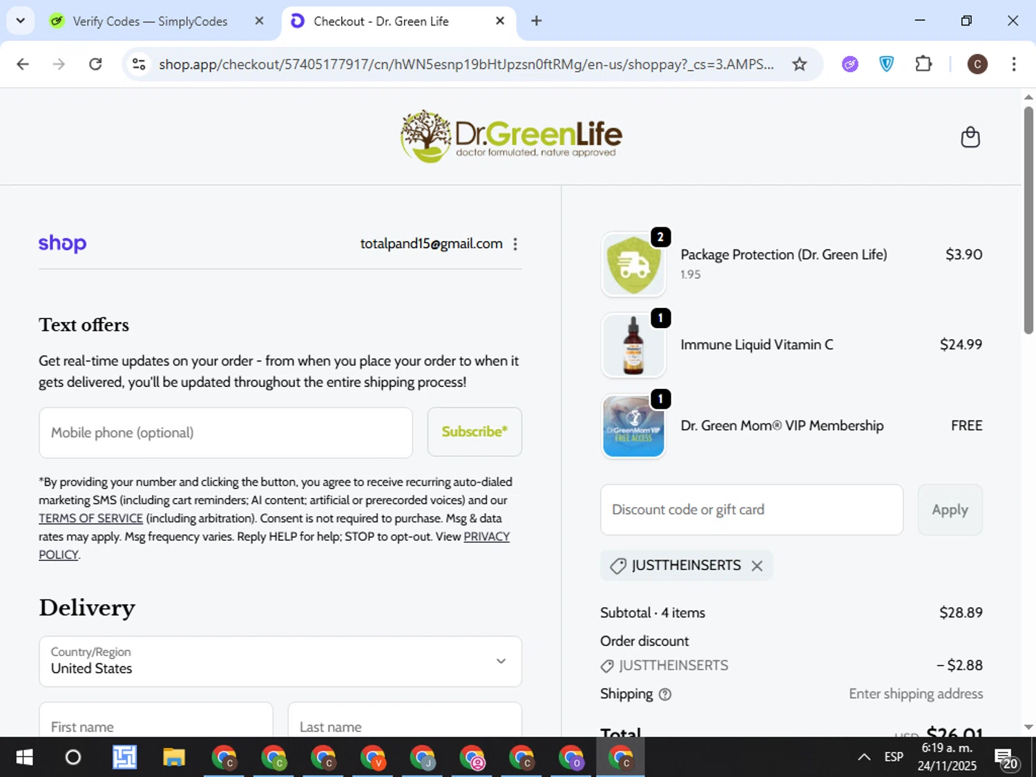 Dr. Green Life discount code screenshot showing code JUSTTHEINSERTS applied at Dr. Green Life checkout page. Uploaded by SimplyCodes community member TreasureFox8596 on Nov 24, 2025