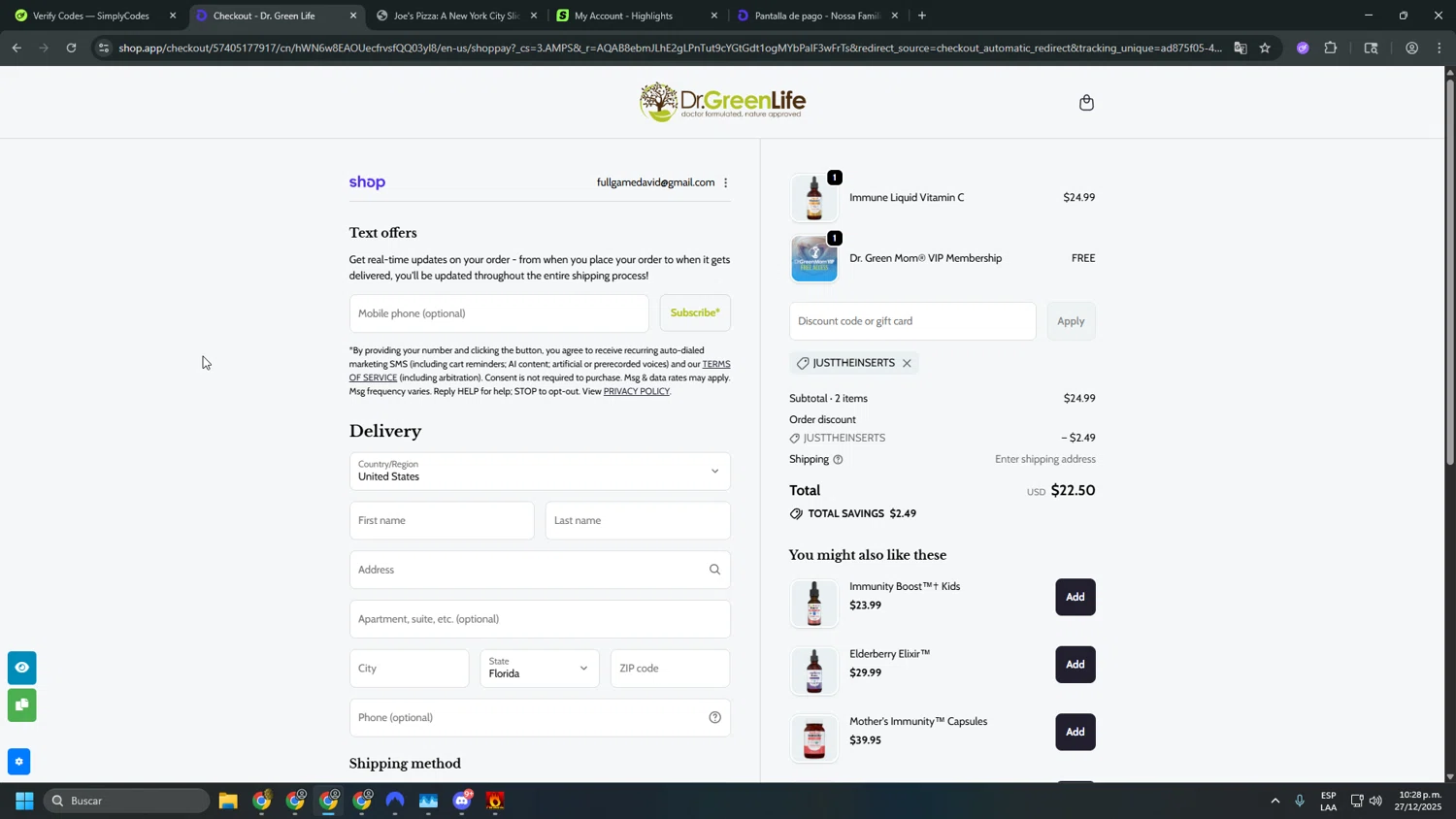 Dr. Green Life discount code screenshot showing code JUSTTHEINSERTS applied at Dr. Green Life checkout page. Uploaded by SimplyCodes community member asdasdasd on Dec 28, 2025