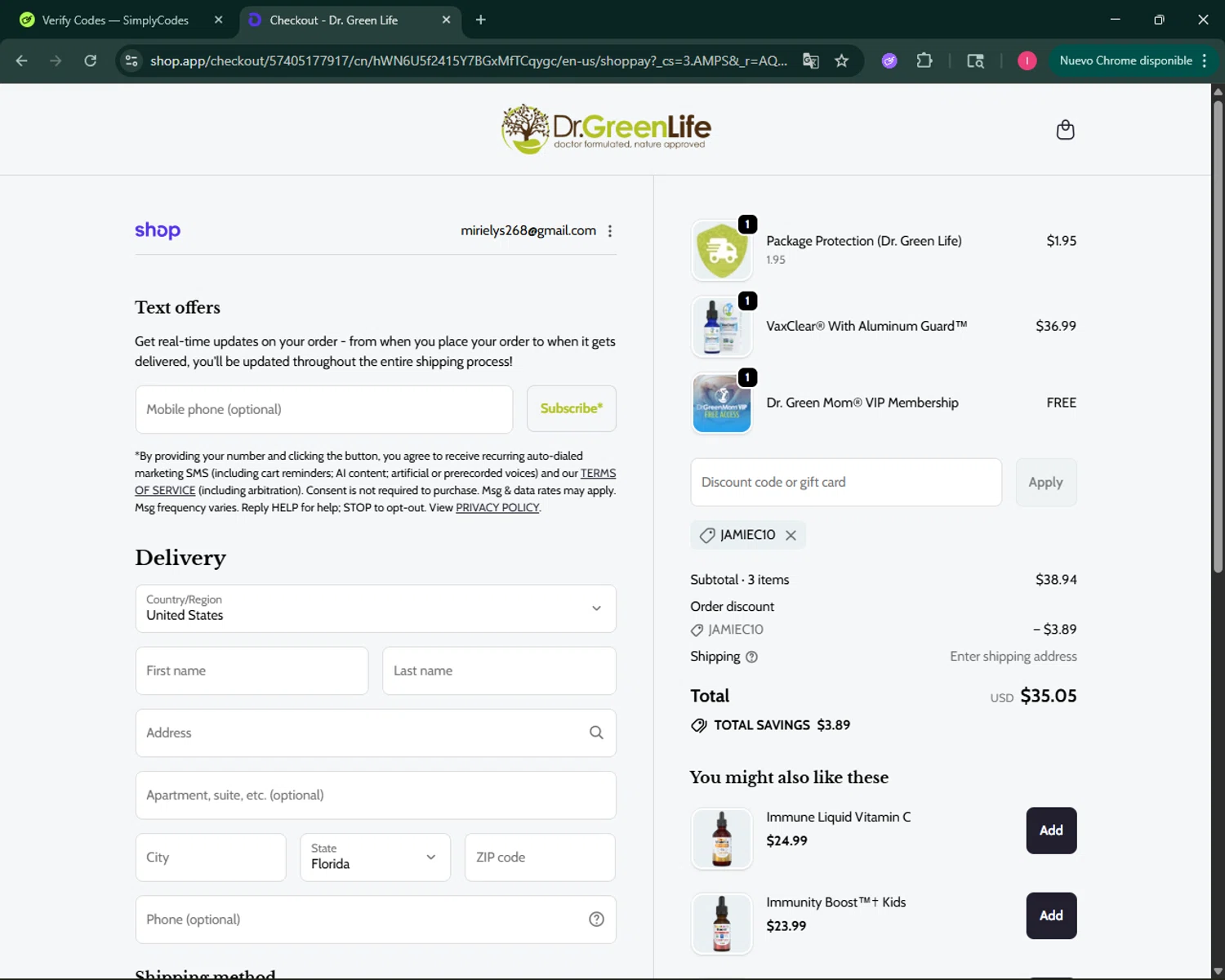 Dr. Green Life discount code screenshot showing code Jamiec10 applied at Dr. Green Life checkout page. Uploaded by SimplyCodes community member BargainSeeker9964 on Dec 16, 2025