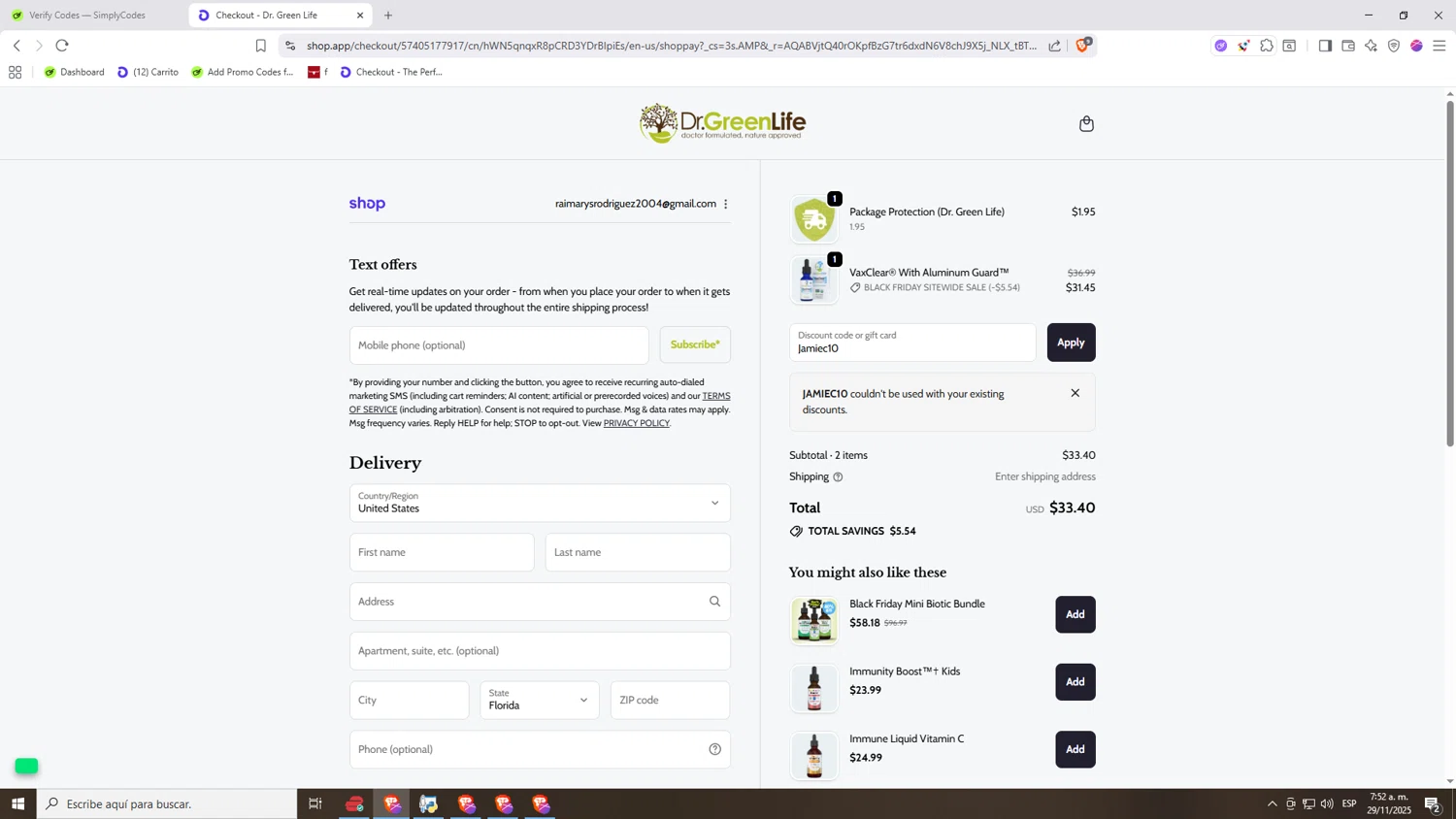 Dr. Green Life discount code screenshot showing code Jamiec10 applied at Dr. Green Life checkout page. Uploaded by SimplyCodes community member Nezukooo on Nov 29, 2025