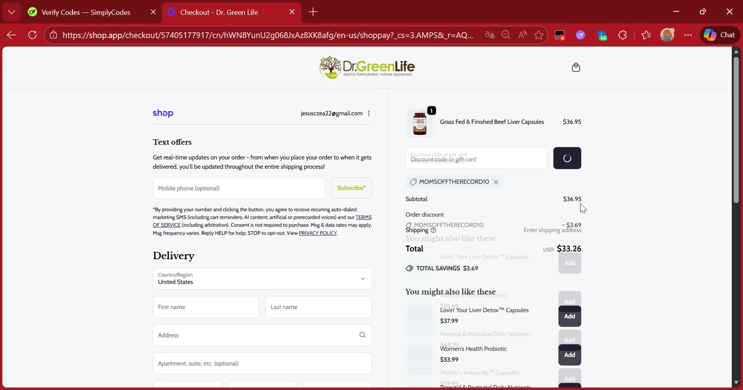 Dr. Green Life discount code screenshot showing code momsofftherecord10 applied at Dr. Green Life checkout page. Uploaded by SimplyCodes community member DiscountScout1417 on Feb 8, 2026