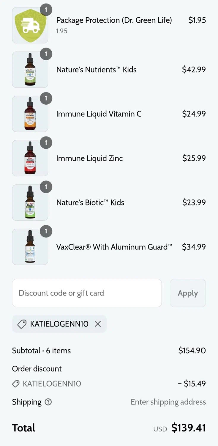 Dr. Green Life discount code screenshot showing code Katielogenn10 applied at Dr. Green Life checkout page. Uploaded by SimplyCodes community member KarinaHZ on Apr 12, 2025