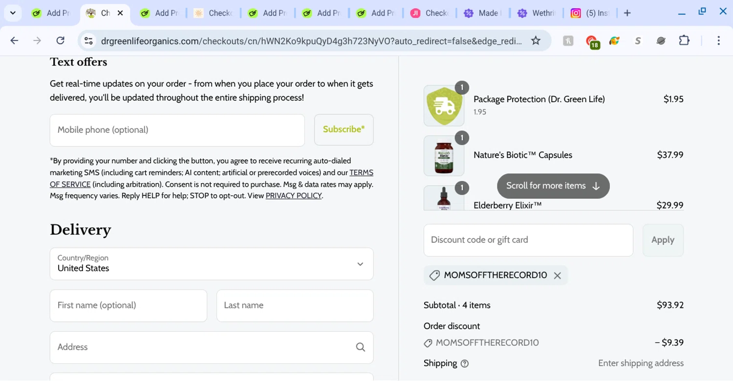 Dr. Green Life discount code screenshot showing code momsofftherecord10 applied at Dr. Green Life checkout page. Uploaded by SimplyCodes community member KarinaHZ on Aug 28, 2025