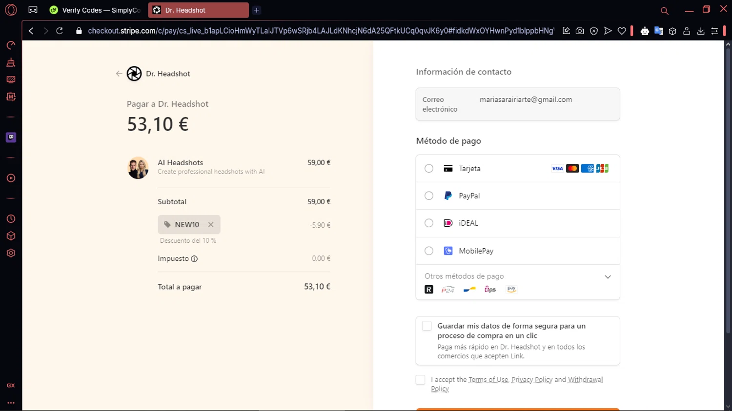 Dr. Headshot promo code screenshot showing code NEW10 applied at Dr. Headshot checkout page. Uploaded by SimplyCodes community member MoneySentinel1166 on Apr 15, 2025