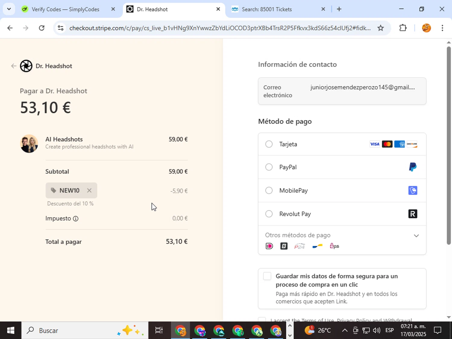 Dr. Headshot promo code screenshot showing code NEW10 applied at Dr. Headshot checkout page. Uploaded by SimplyCodes community member ingri96 on Mar 17, 2025