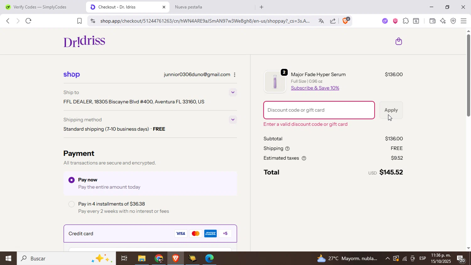 Dr. Idriss discount code screenshot showing code Save10% applied at Dr. Idriss checkout page. Uploaded by SimplyCodes community member Mujerdejunnior on Oct 16, 2025