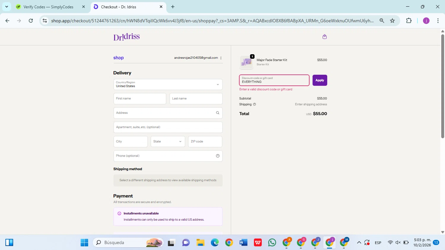 Dr. Idriss discount code screenshot showing code EVERYTHING applied at Dr. Idriss checkout page. Uploaded by SimplyCodes community member christophersierra on Feb 10, 2026
