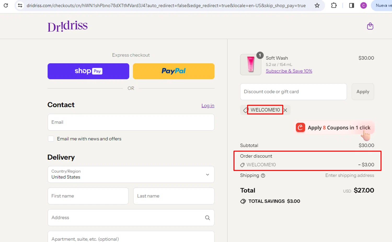 Dr. Idriss discount code screenshot showing code WELCOME10 applied at Dr. Idriss checkout page. Uploaded by SimplyCodes community member nileskamarcano on Aug 16, 2025