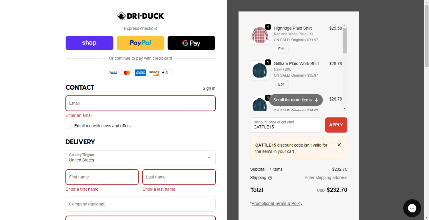 Dri Duck discount code screenshot showing code CATTLE15 applied at Dri Duck checkout page. Uploaded by SimplyCodes community member DiscountTracker247 on Oct 8, 2025