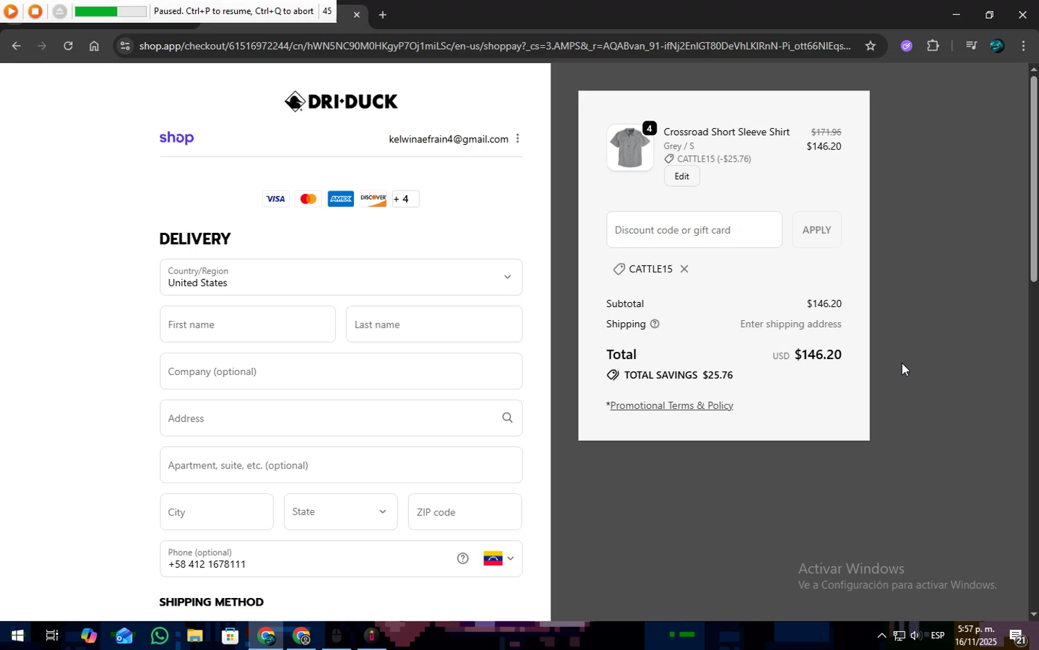Dri Duck discount code screenshot showing code CATTLE15 applied at Dri Duck checkout page. Uploaded by SimplyCodes community member SOPACONPAN on Nov 16, 2025
