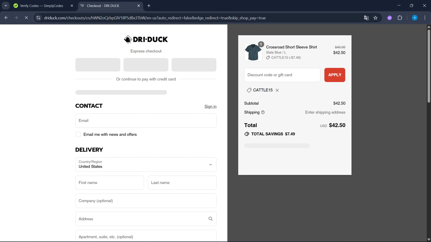 Dri Duck discount code screenshot showing code CATTLE15 applied at Dri Duck checkout page. Uploaded by SimplyCodes community member WiseHawk9255 on Sep 10, 2025