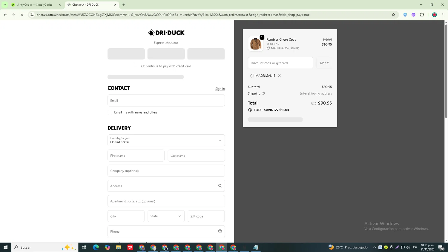Dri Duck discount code screenshot showing code MADRIGAL15 applied at Dri Duck checkout page. Uploaded by SimplyCodes community member Robert_Williams on Nov 22, 2025
