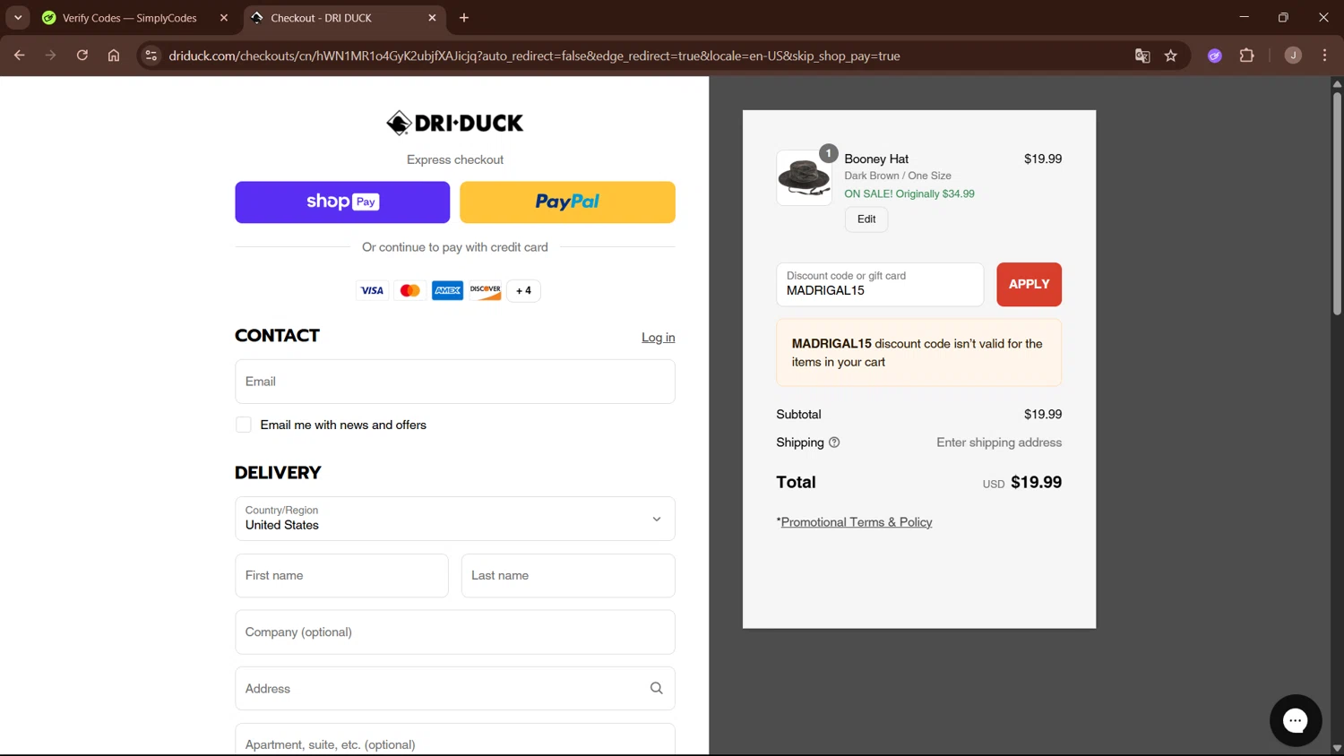 Dri Duck discount code screenshot showing code MADRIGAL15 applied at Dri Duck checkout page. Uploaded by SimplyCodes community member WisePro3955 on Aug 3, 2025