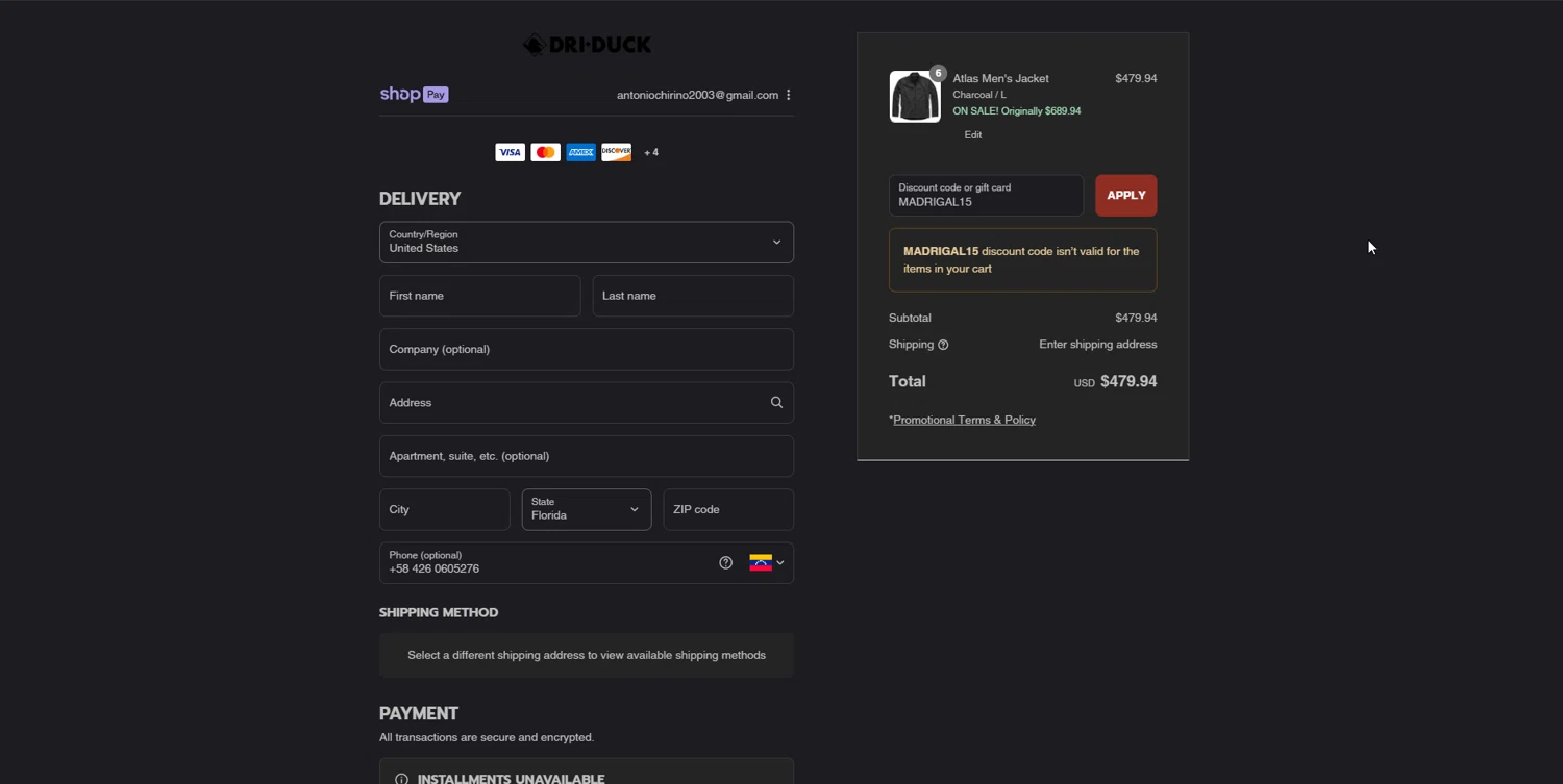 Dri Duck discount code screenshot showing code MADRIGAL15 applied at Dri Duck checkout page. Uploaded by SimplyCodes community member johnnybravo on Aug 15, 2025