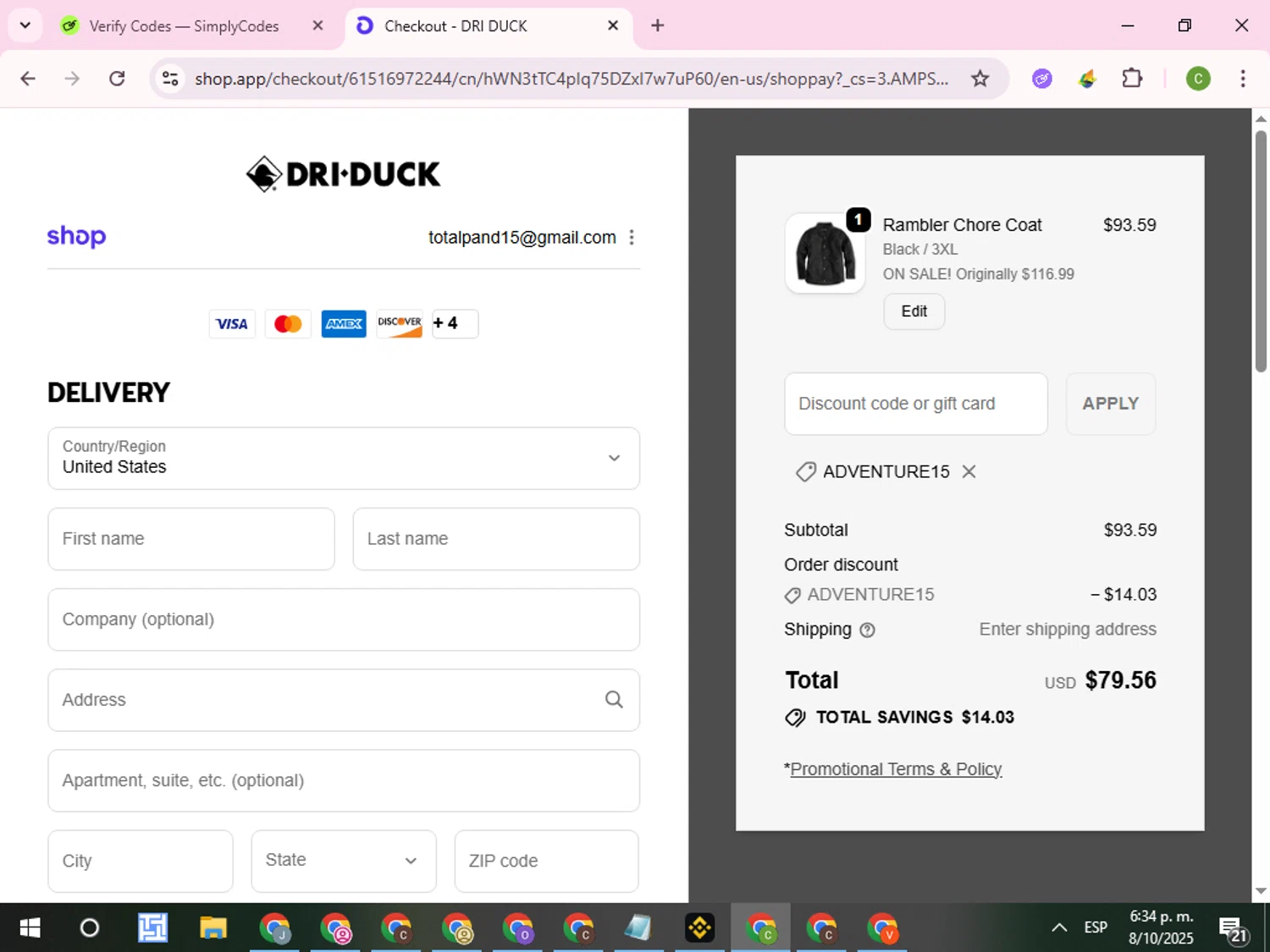 Dri Duck discount code screenshot showing code adventure15 applied at Dri Duck checkout page. Uploaded by SimplyCodes community member RoyalKnight4673 on Oct 8, 2025