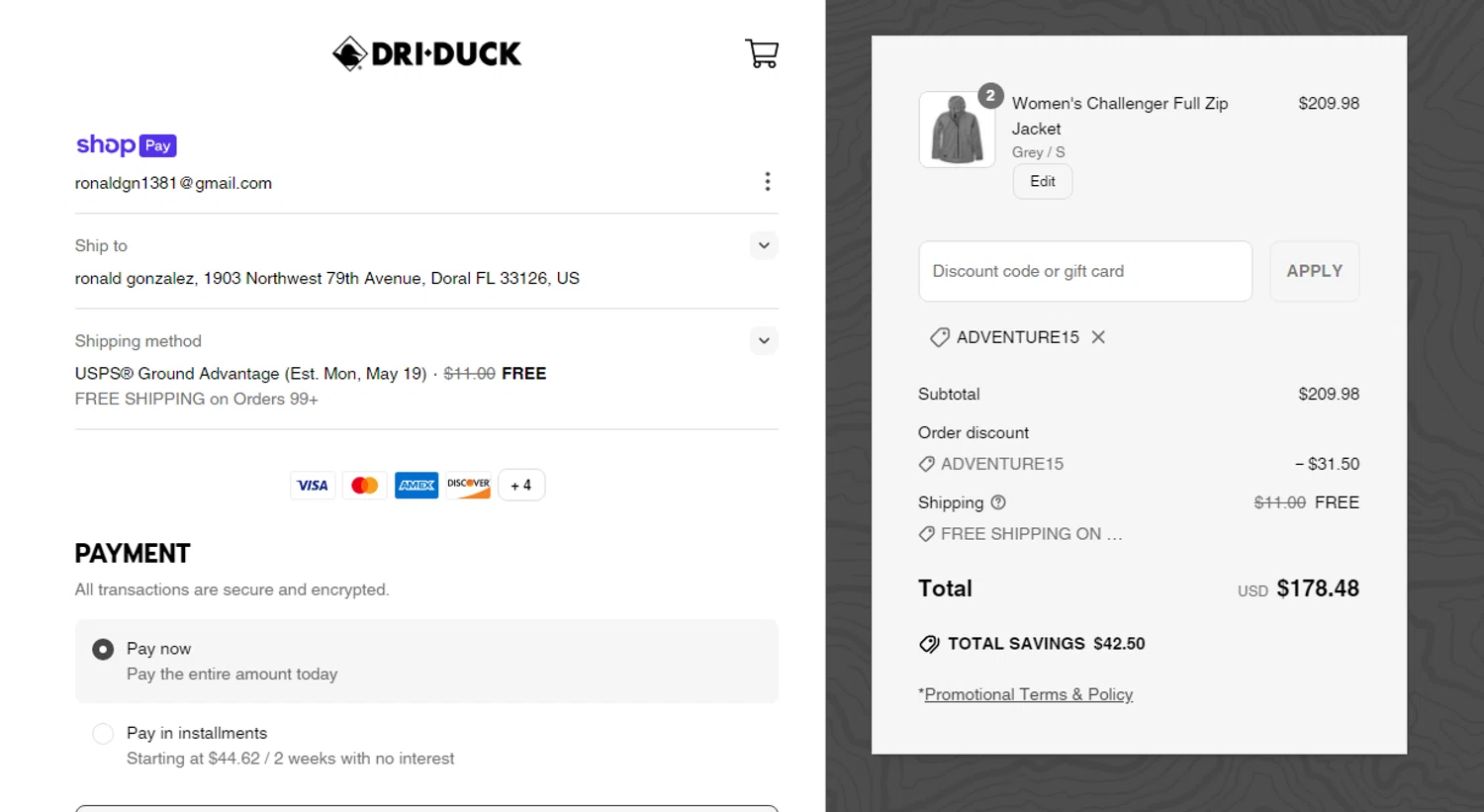 Dri Duck discount code screenshot showing code adventure15 applied at Dri Duck checkout page. Uploaded by SimplyCodes community member Yuskeilyn20 on May 9, 2025