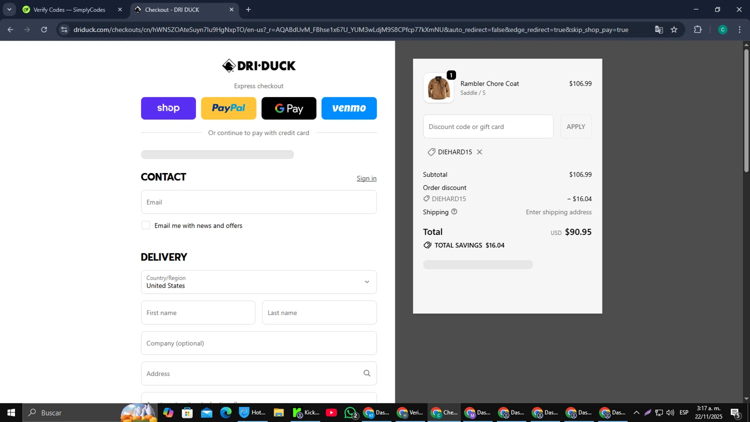 Dri Duck discount code screenshot showing code DIEHARD15 applied at Dri Duck checkout page. Uploaded by SimplyCodes community member PromoScout874 on Nov 22, 2025