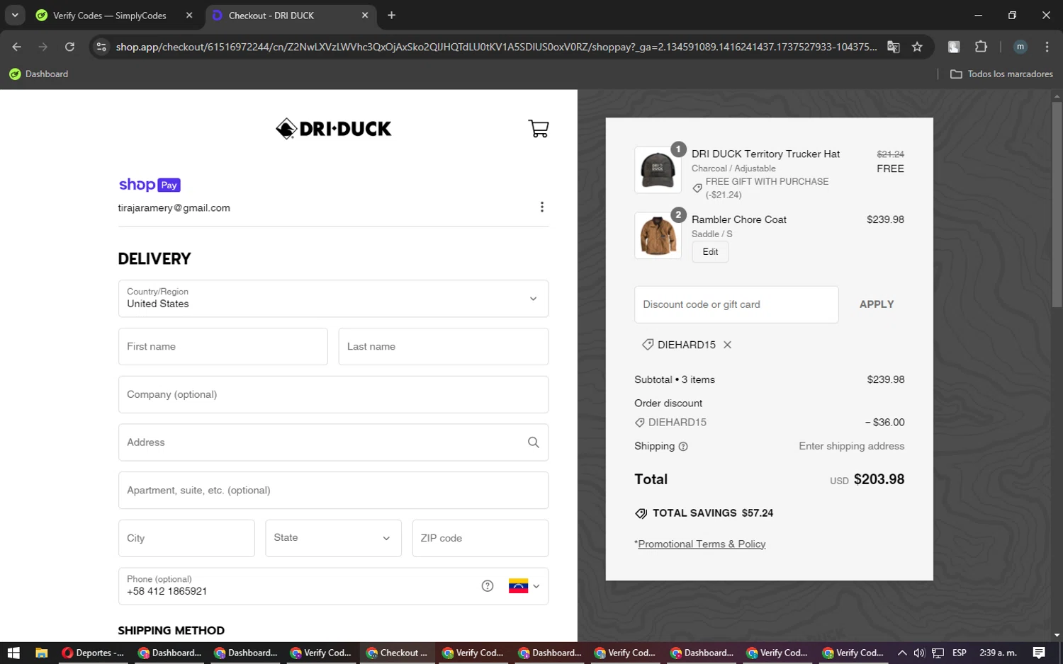 Dri Duck discount code screenshot showing code DIEHARD15 applied at Dri Duck checkout page. Uploaded by SimplyCodes community member CoinHunter3841 on Jan 22, 2025