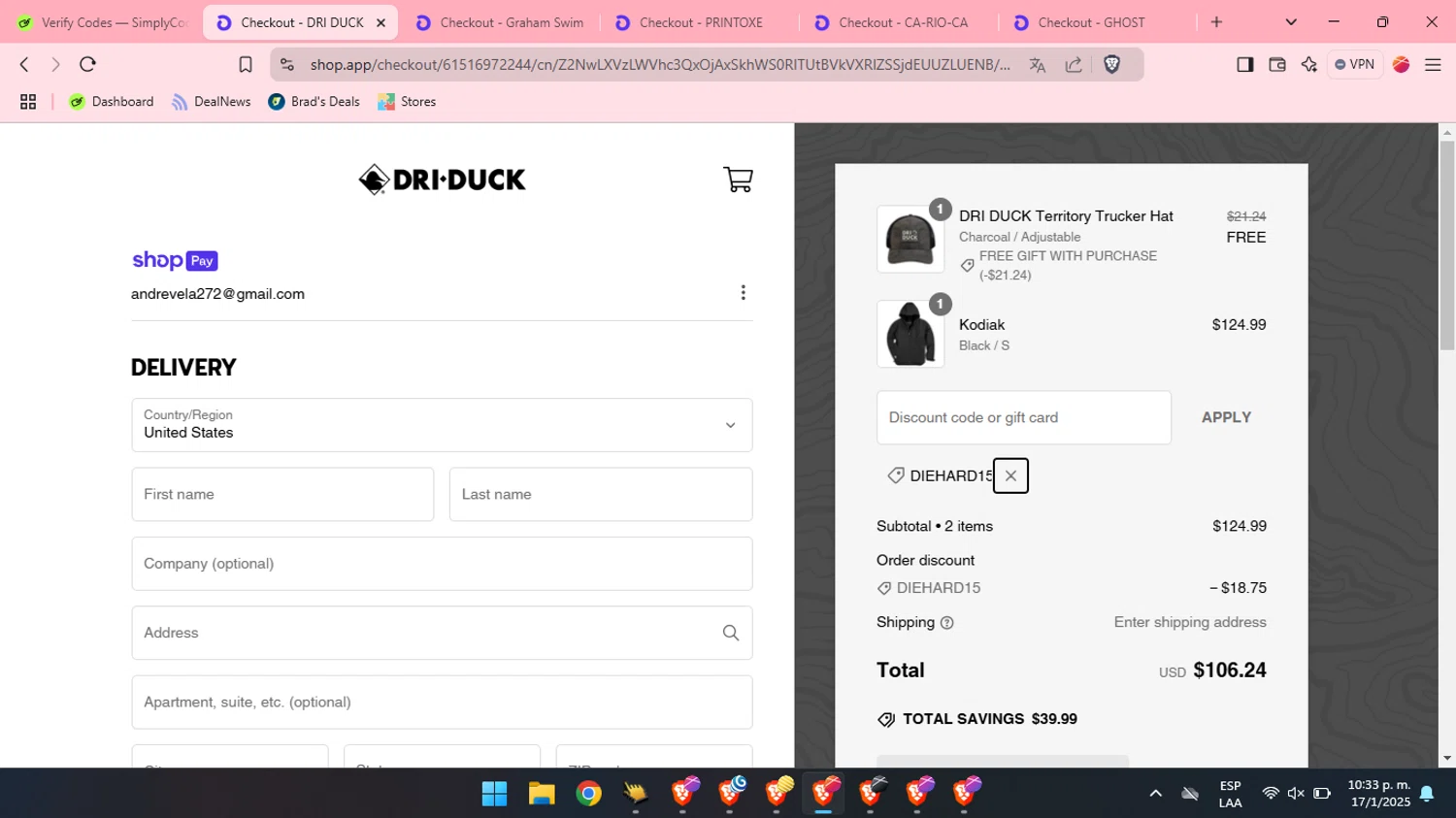 Dri Duck discount code screenshot showing code DIEHARD15 applied at Dri Duck checkout page. Uploaded by SimplyCodes community member LuckyMonarch673 on Jan 18, 2025