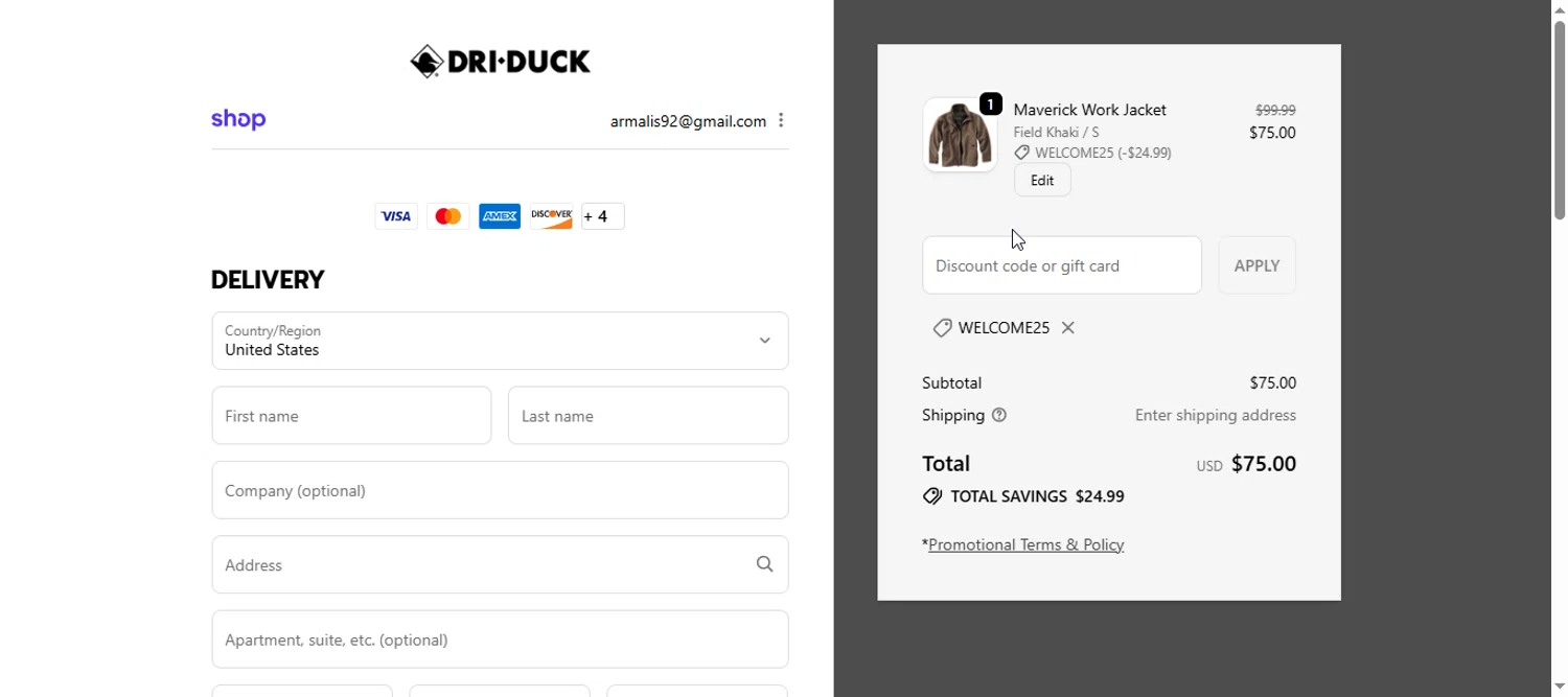 Dri Duck discount code screenshot showing code WELCOME25 applied at Dri Duck checkout page. Uploaded by SimplyCodes community member armalissolorzano1 on Nov 12, 2025