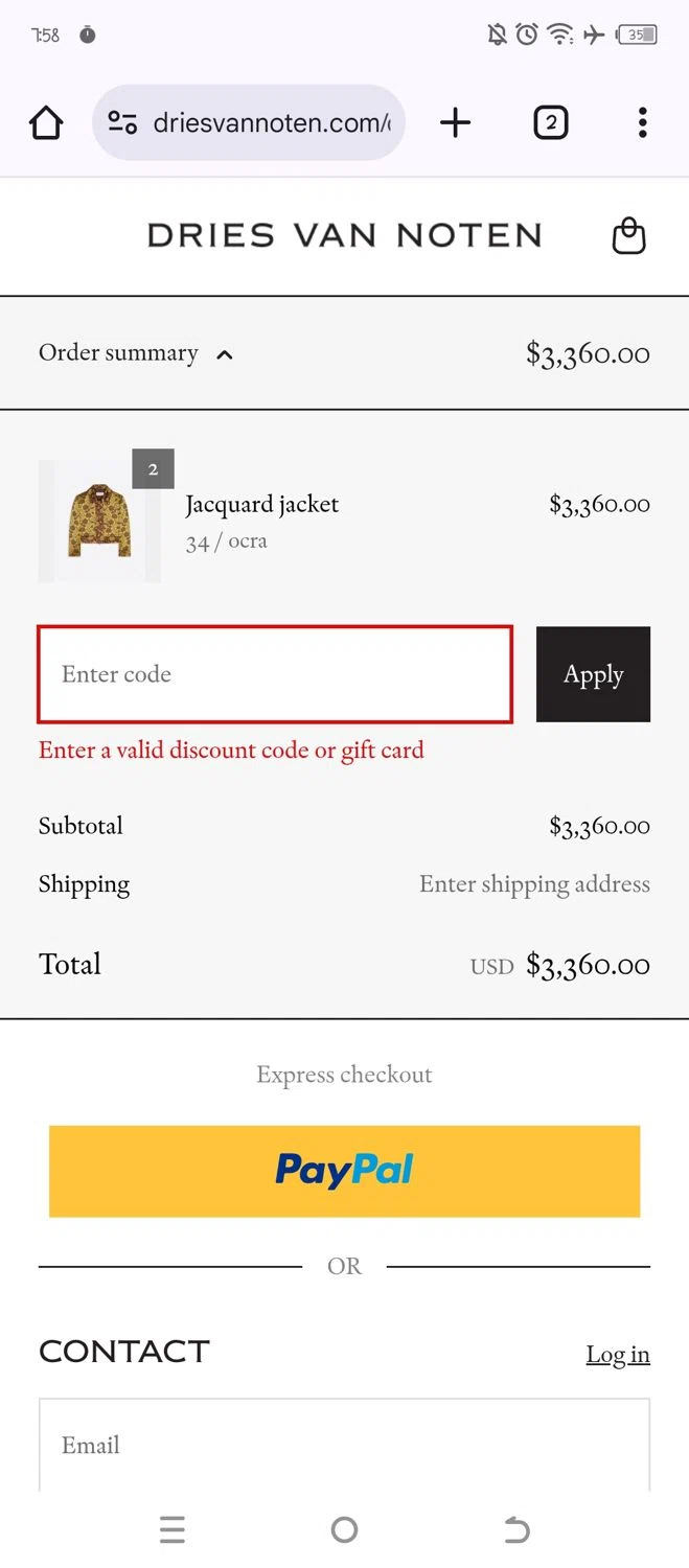 Dries Van Noten coupon code screenshot showing code FREESHIPPING applied at Dries Van Noten checkout page. Uploaded by SimplyCodes community member WonderW on Apr 8, 2025