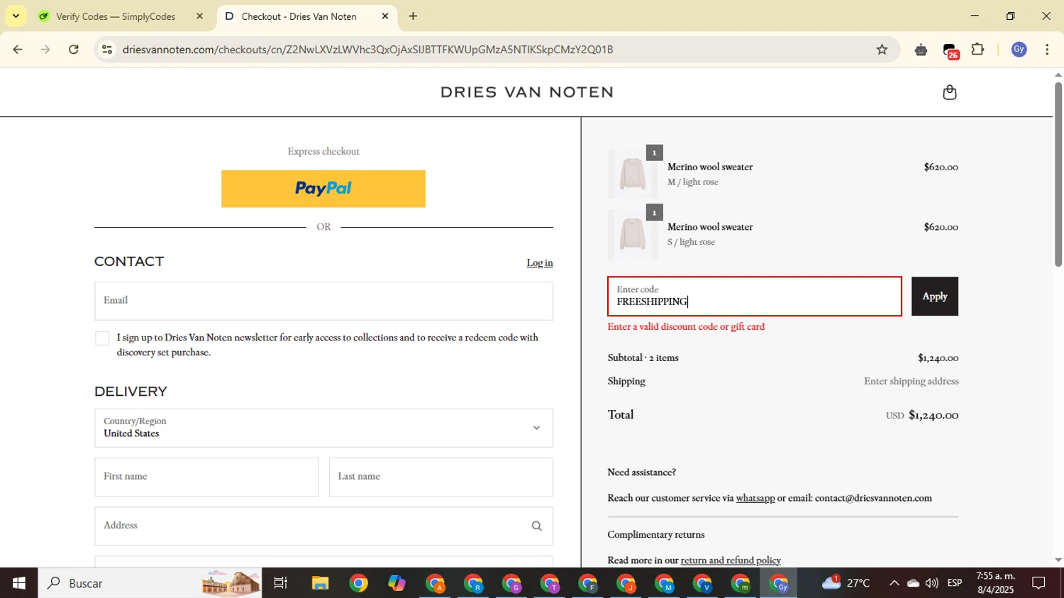 Dries Van Noten coupon code screenshot showing code FREESHIPPING applied at Dries Van Noten checkout page. Uploaded by SimplyCodes community member FrugalOwl962 on Apr 8, 2025