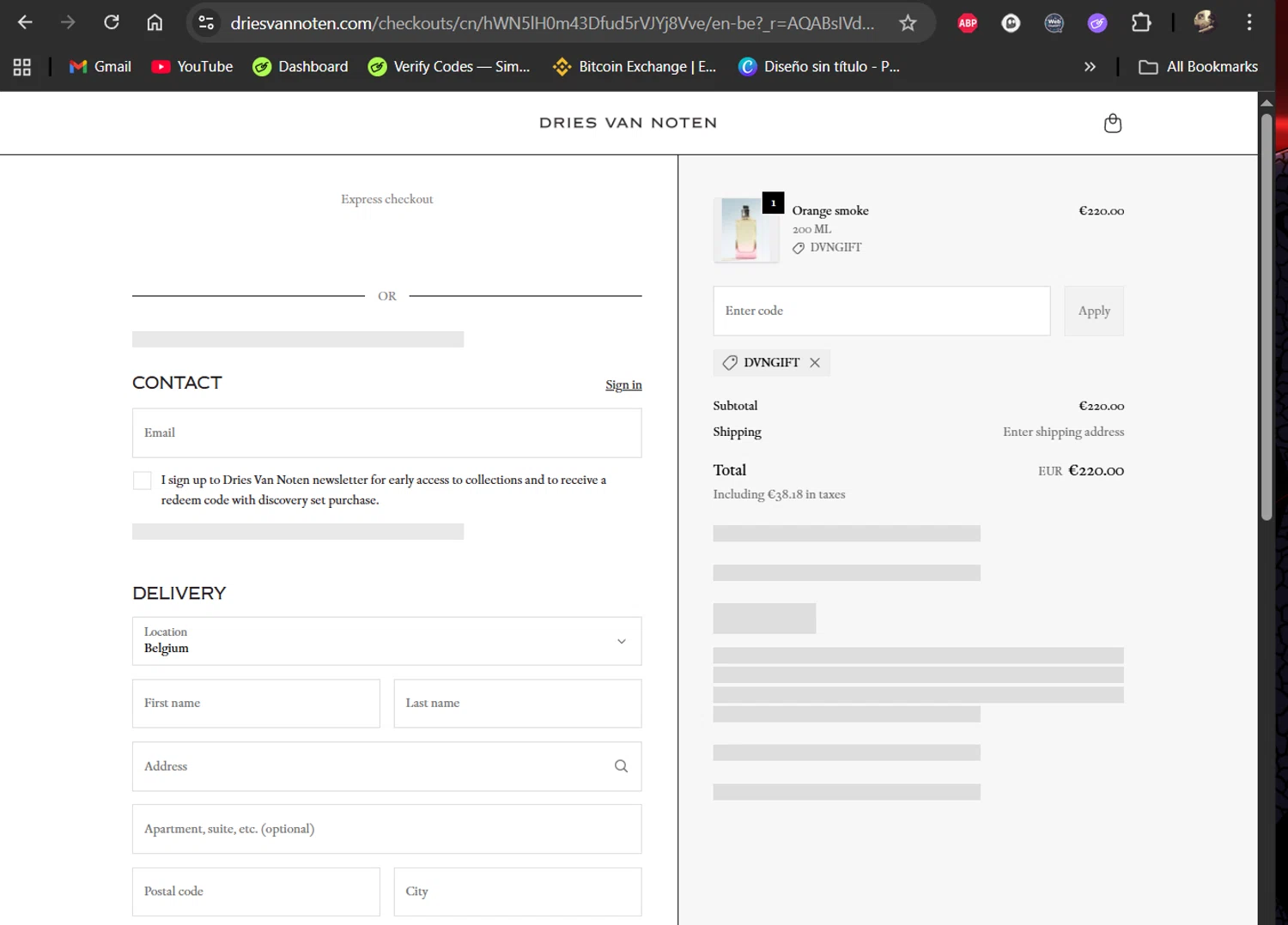 Dries Van Noten coupon code screenshot showing code DVNGIFT applied at Dries Van Noten checkout page. Uploaded by SimplyCodes community member LiShang on Nov 27, 2025