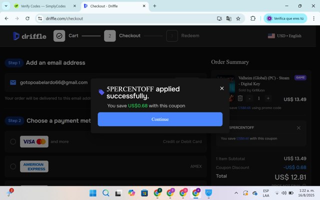 Driffle checkout page showing Driffle promo code box | Screenshot taken by SimplyCodes community member on Aug 16, 2025