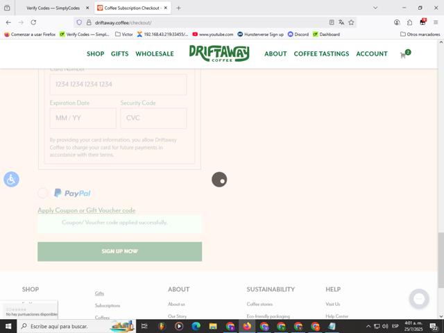 Driftaway Coffee checkout page showing Driftaway Coffee promo code box | Screenshot taken by SimplyCodes community member on Jul 25, 2025