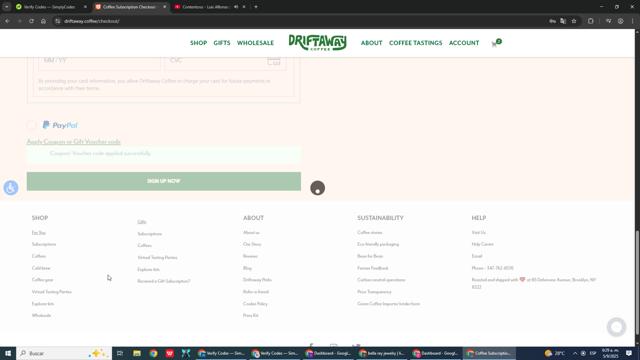 Driftaway Coffee checkout page showing Driftaway Coffee promo code box | Screenshot taken by SimplyCodes community member on Sep 5, 2025