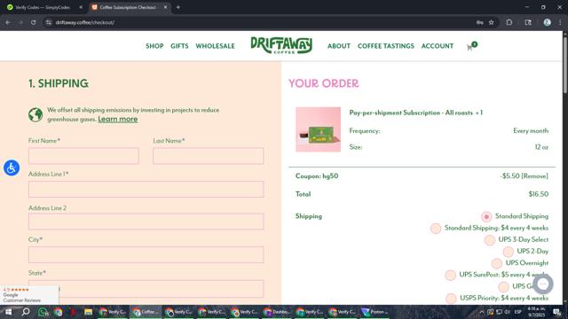 Driftaway Coffee checkout page showing Driftaway Coffee promo code box | Screenshot taken by SimplyCodes community member on Jul 9, 2025