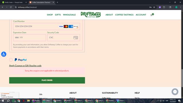 Driftaway Coffee checkout page showing Driftaway Coffee promo code box | Screenshot taken by SimplyCodes community member on Jul 14, 2025
