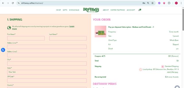 Driftaway Coffee checkout page showing Driftaway Coffee promo code box | Screenshot taken by SimplyCodes community member on Jun 28, 2025