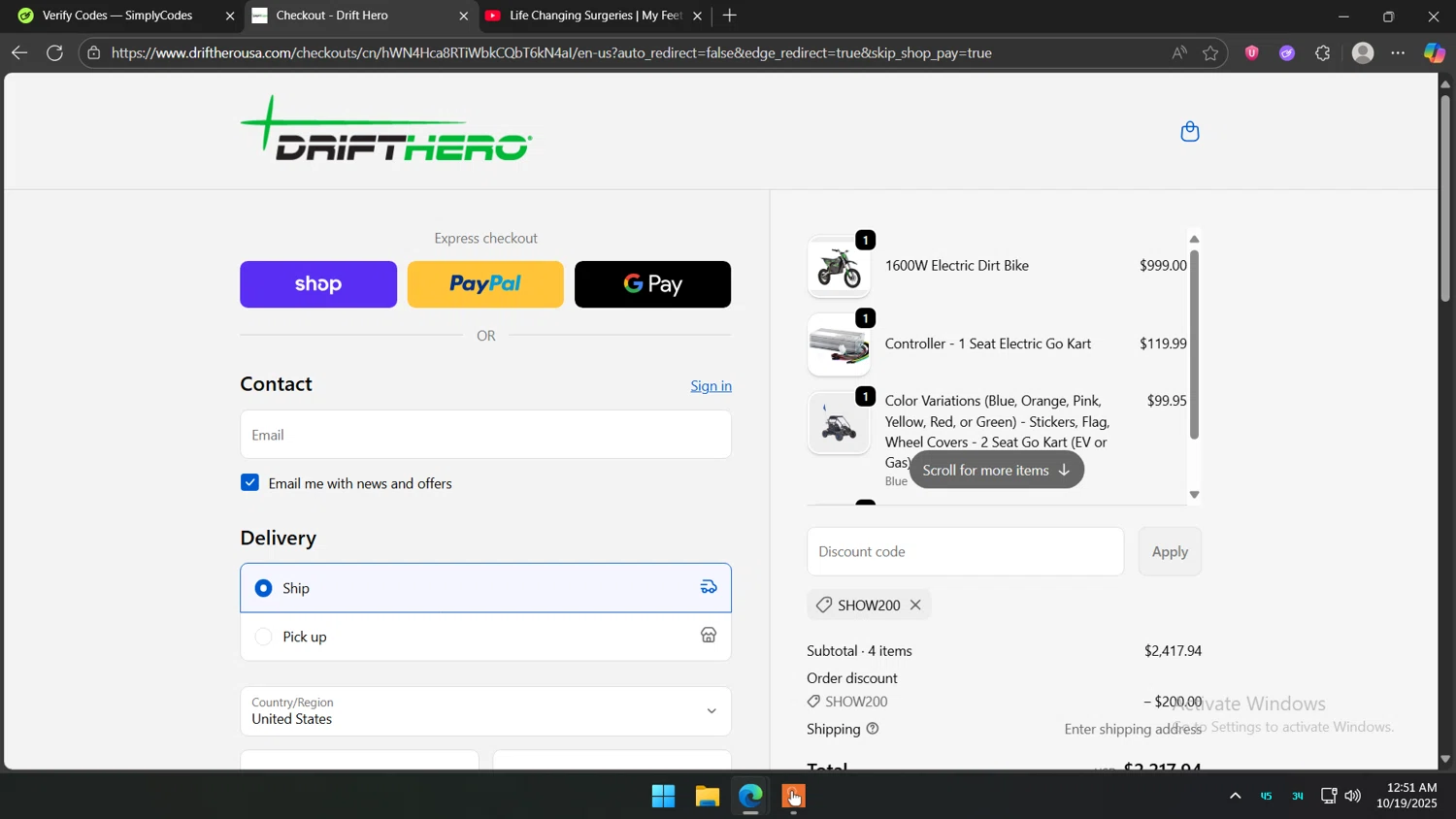 Drift Hero promo code screenshot showing code show200 applied at Drift Hero checkout page. Uploaded by SimplyCodes community member Holadiablo on Oct 19, 2025