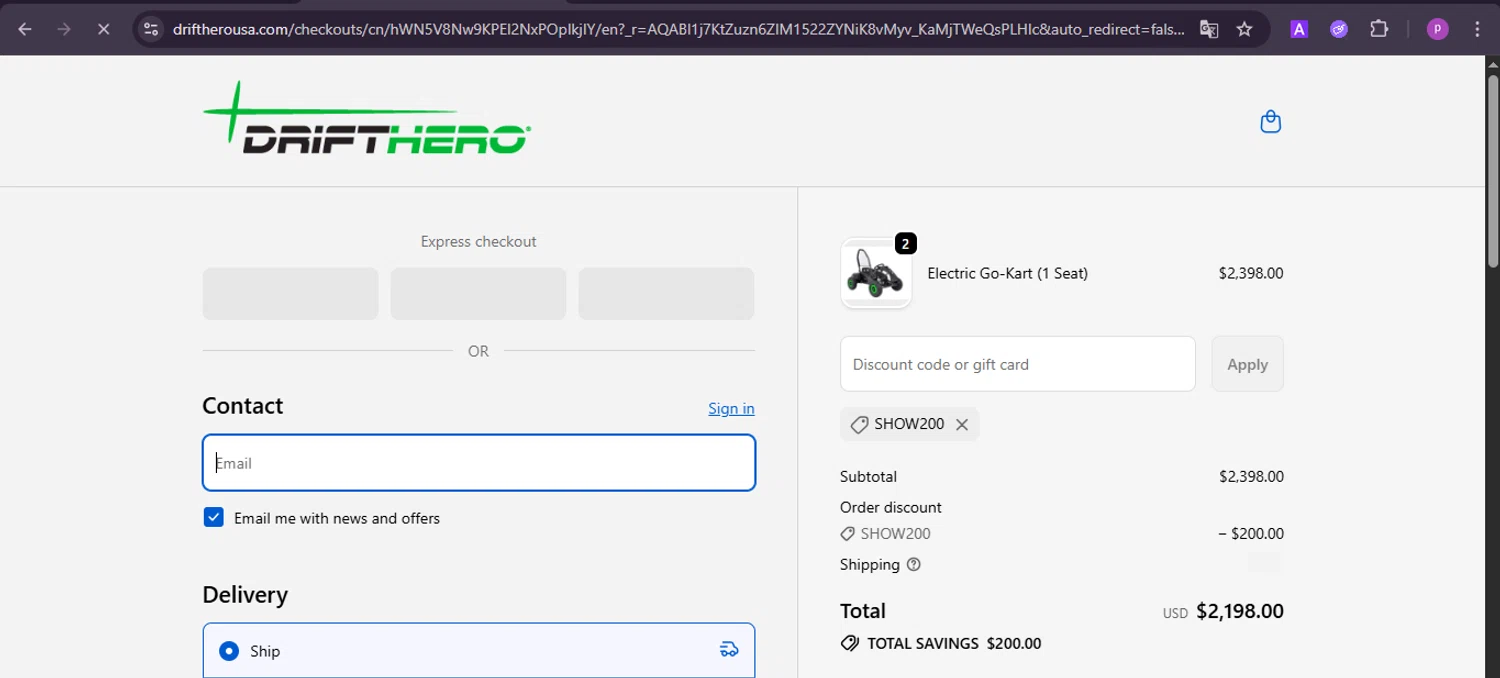 Drift Hero promo code screenshot showing code show200 applied at Drift Hero checkout page. Uploaded by SimplyCodes community member firoas on Nov 20, 2025