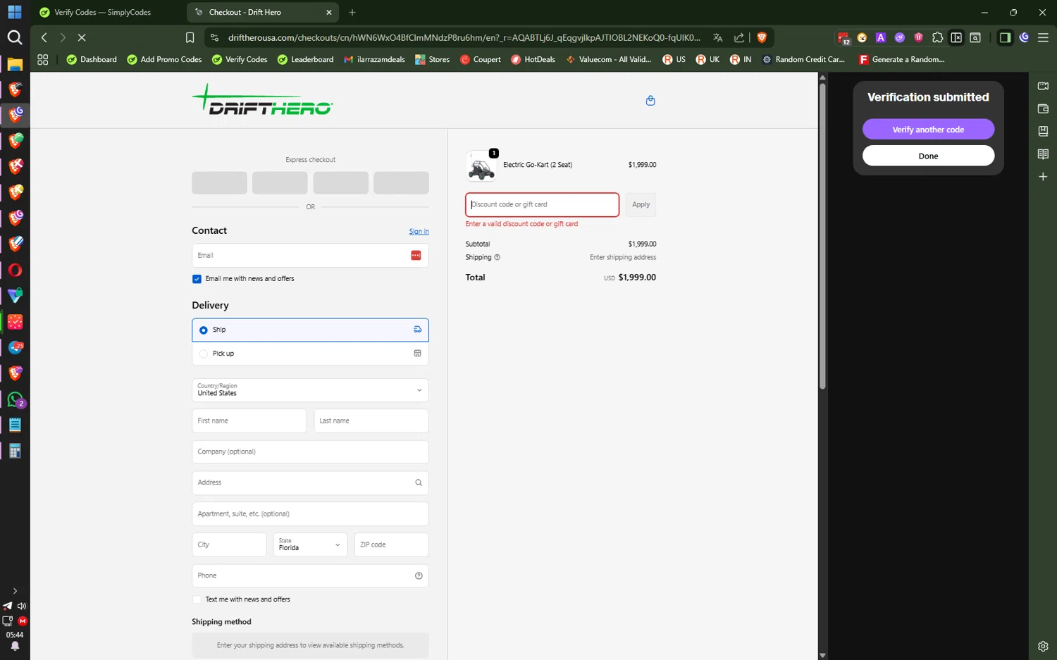Drift Hero promo code screenshot showing code SIMPLYCODES10 applied at Drift Hero checkout page. Uploaded by SimplyCodes community member ilarrazaM4 on Dec 17, 2025