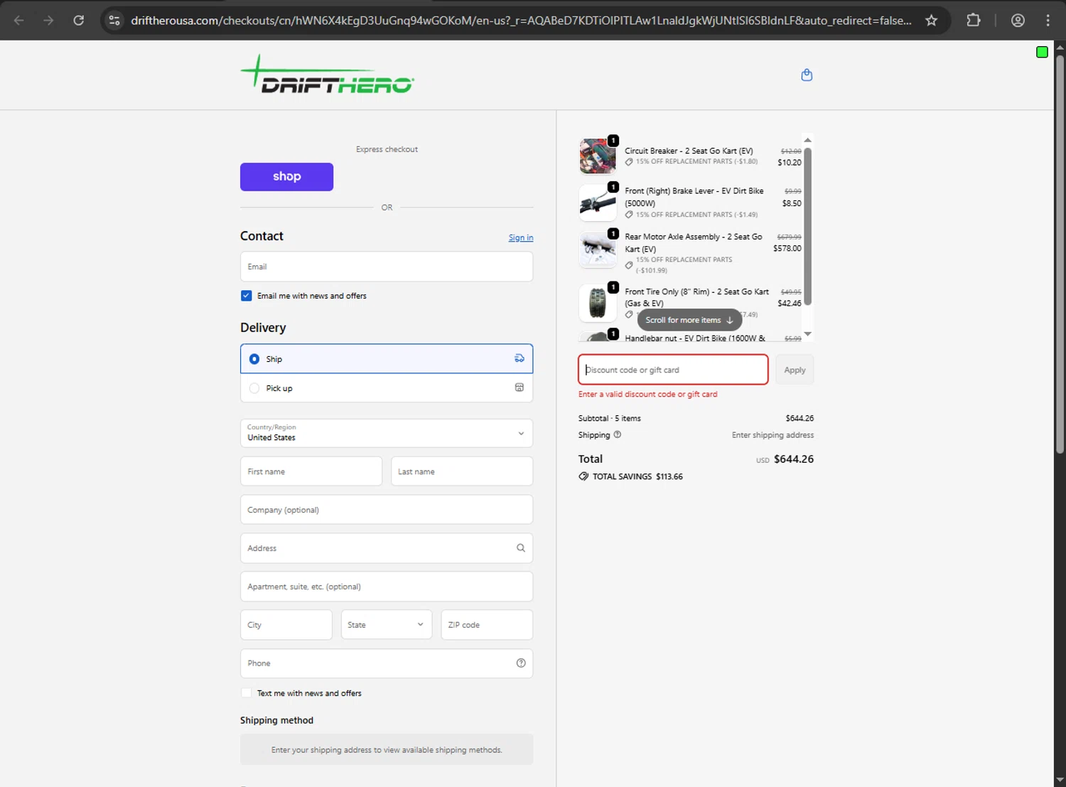 Drift Hero promo code screenshot showing code SIMPLYCODES10 applied at Drift Hero checkout page. Uploaded by SimplyCodes community member luffyreturn on Dec 17, 2025