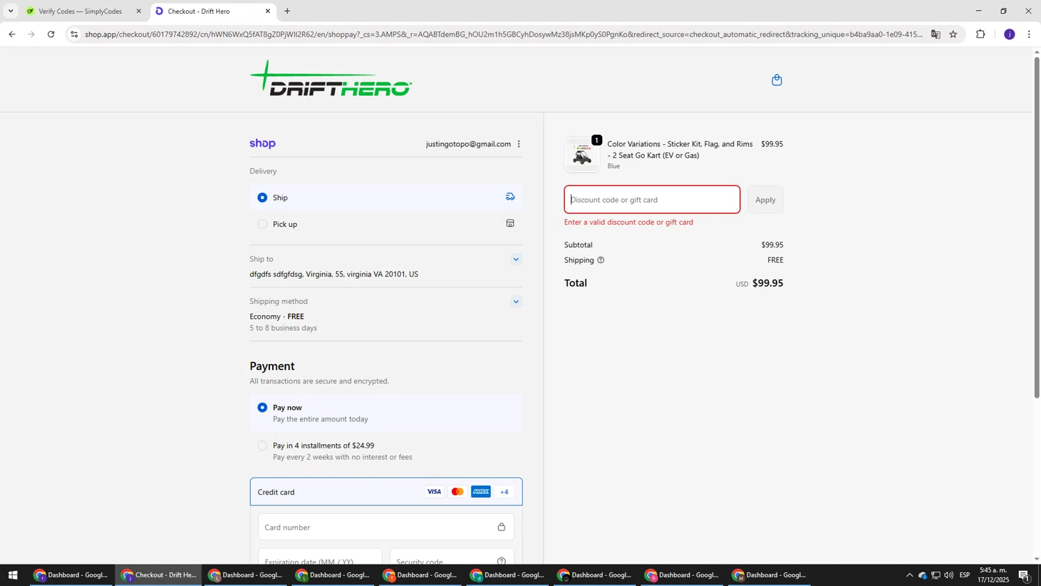 Drift Hero promo code screenshot showing code SIMPLYCODES10 applied at Drift Hero checkout page. Uploaded by SimplyCodes community member simplycodesssss on Dec 17, 2025