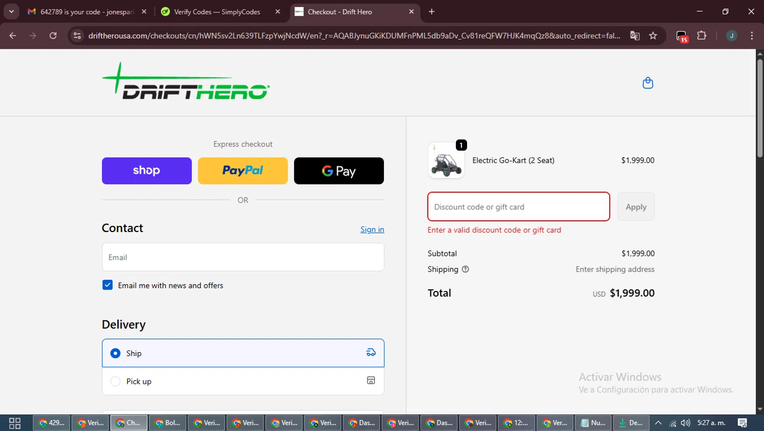 Drift Hero promo code screenshot showing code offroad applied at Drift Hero checkout page. Uploaded by SimplyCodes community member ScanLynx8928 on Nov 30, 2025