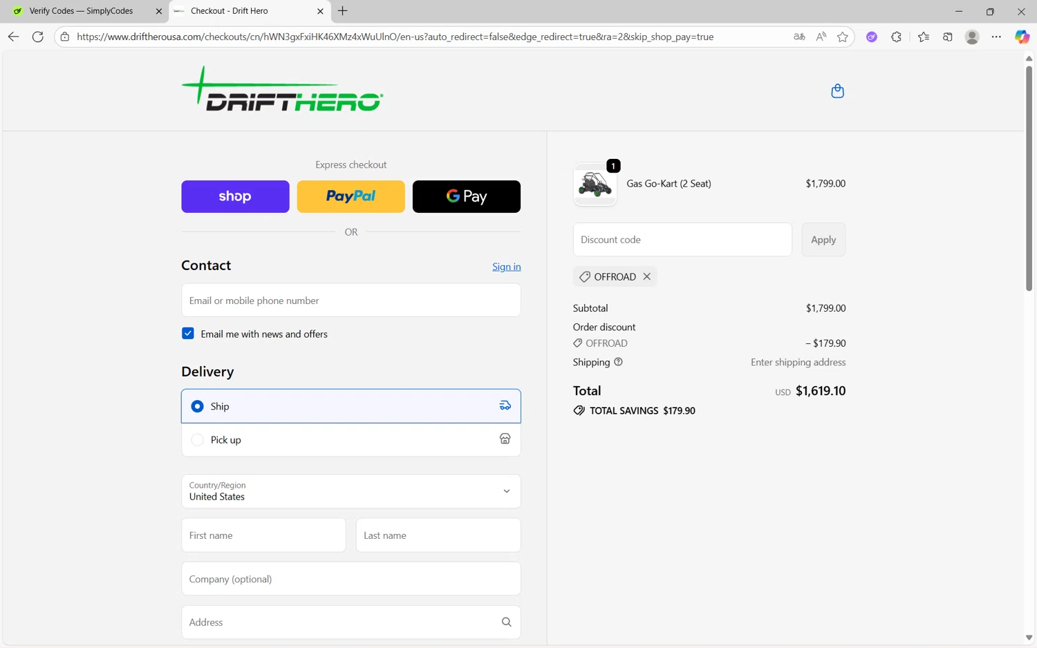 Drift Hero promo code screenshot showing code offroad applied at Drift Hero checkout page. Uploaded by SimplyCodes community member frijolito on Oct 3, 2025