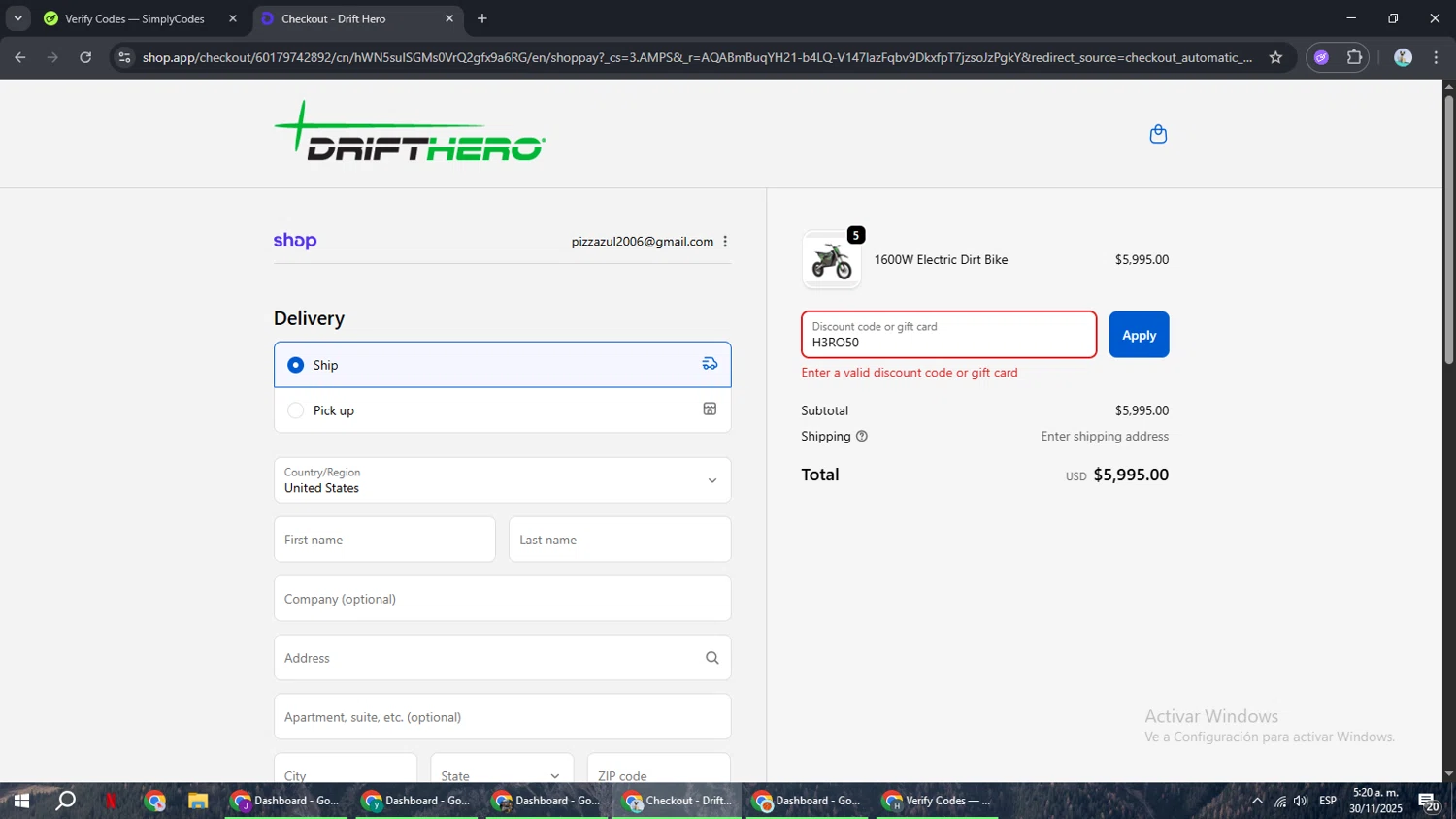 Drift Hero promo code screenshot showing code H3RO50 applied at Drift Hero checkout page. Uploaded by SimplyCodes community member ShrewdSeeker6165 on Nov 30, 2025