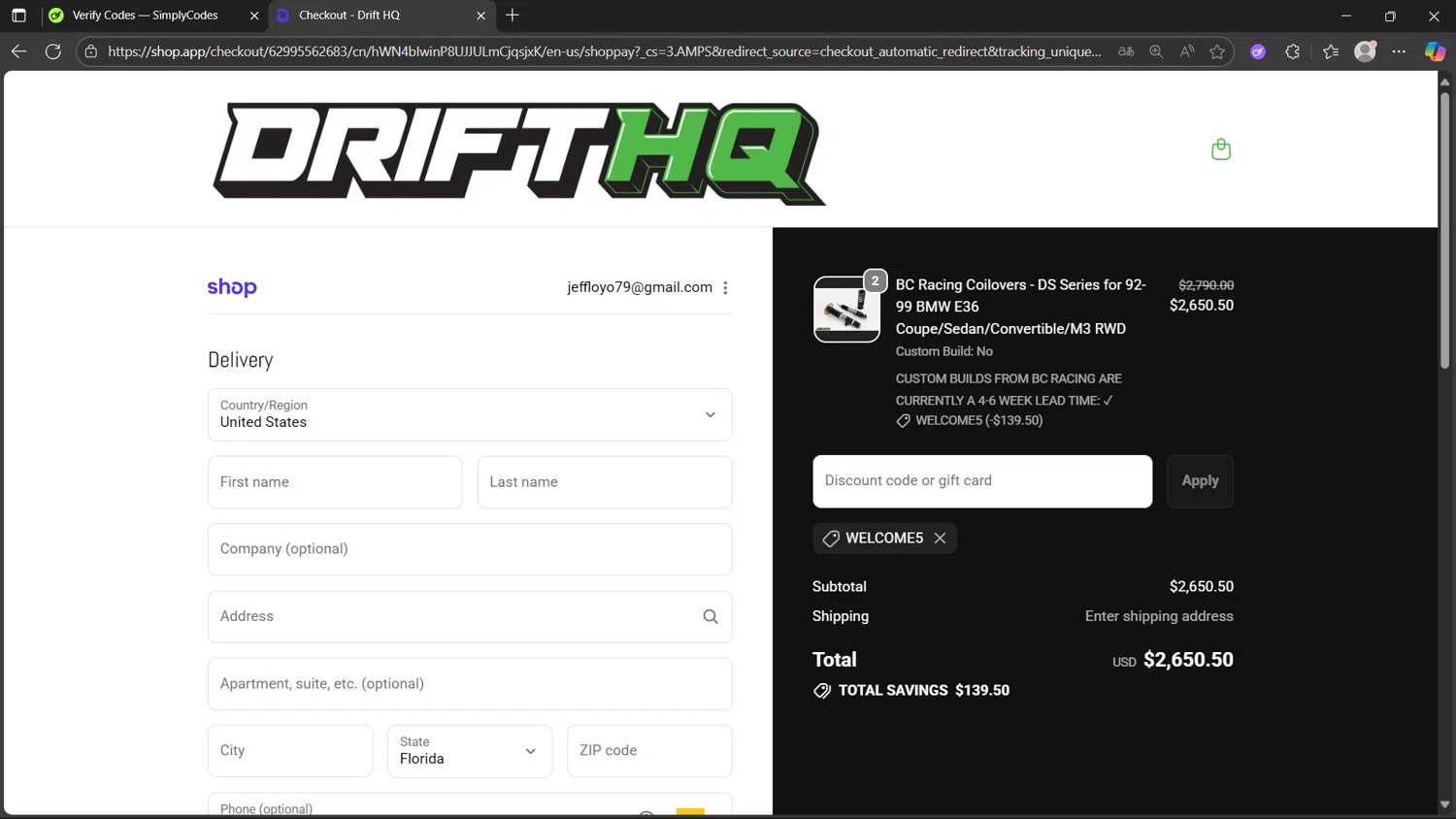 Drift HQ discount code screenshot showing code WELCOME5 applied at Drift HQ checkout page. Uploaded by SimplyCodes community member Morticia on Oct 27, 2025
