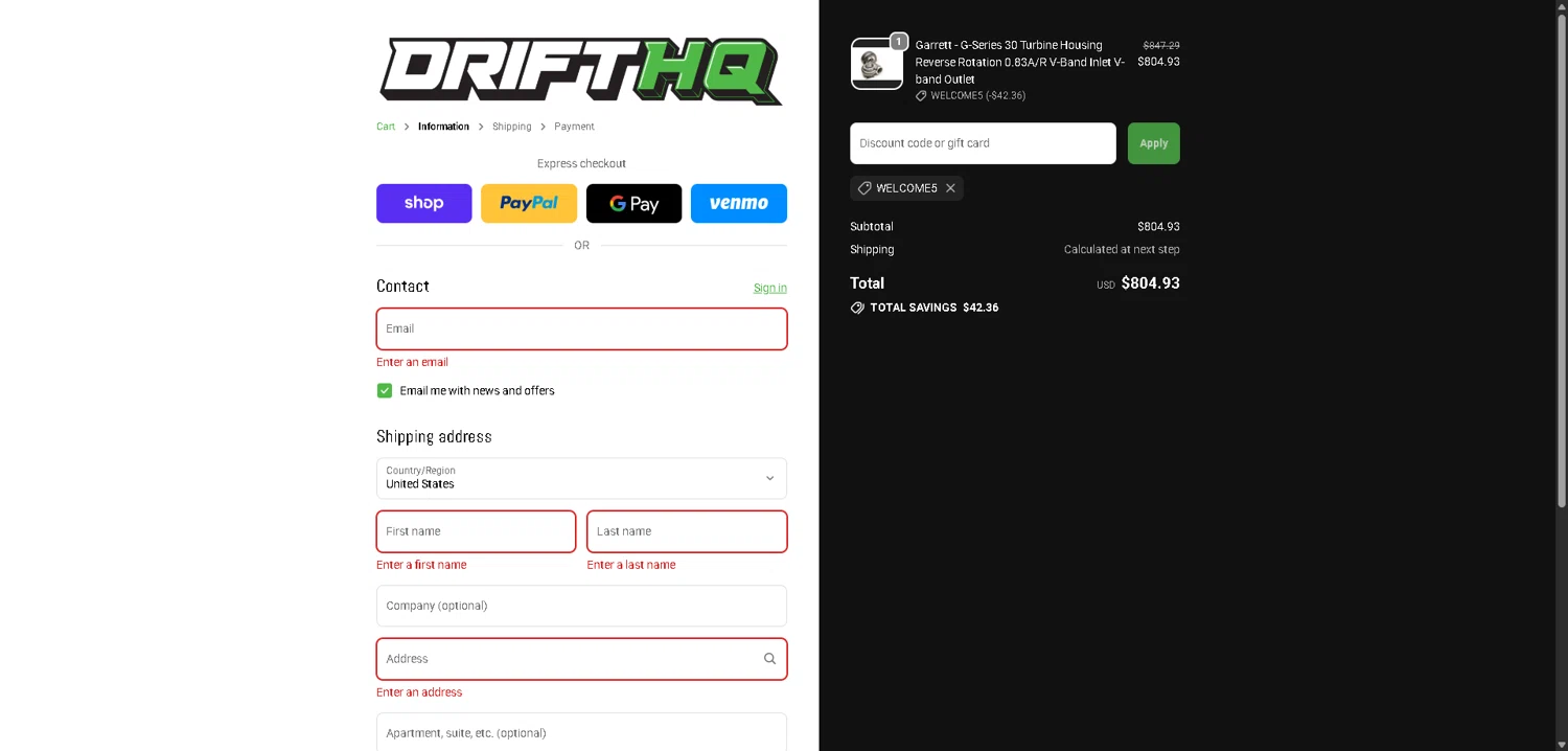Drift HQ discount code screenshot showing code WELCOME5 applied at Drift HQ checkout page. Uploaded by SimplyCodes community member VictoriousFinder4393 on Feb 13, 2026