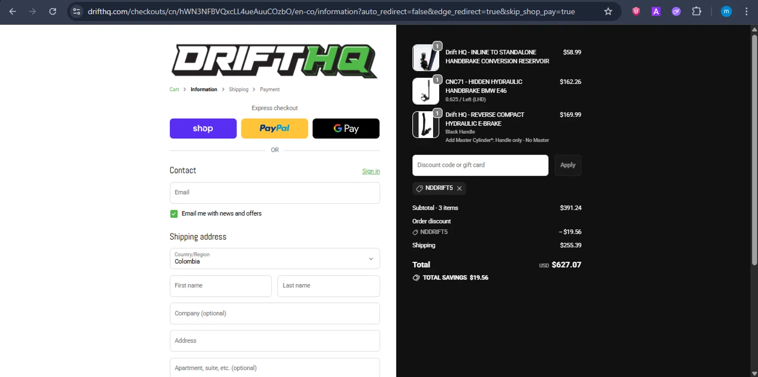 Drift HQ discount code screenshot showing code NDDRIFT5 applied at Drift HQ checkout page. Uploaded by SimplyCodes community member LuckyWarden9122 on Sep 25, 2025