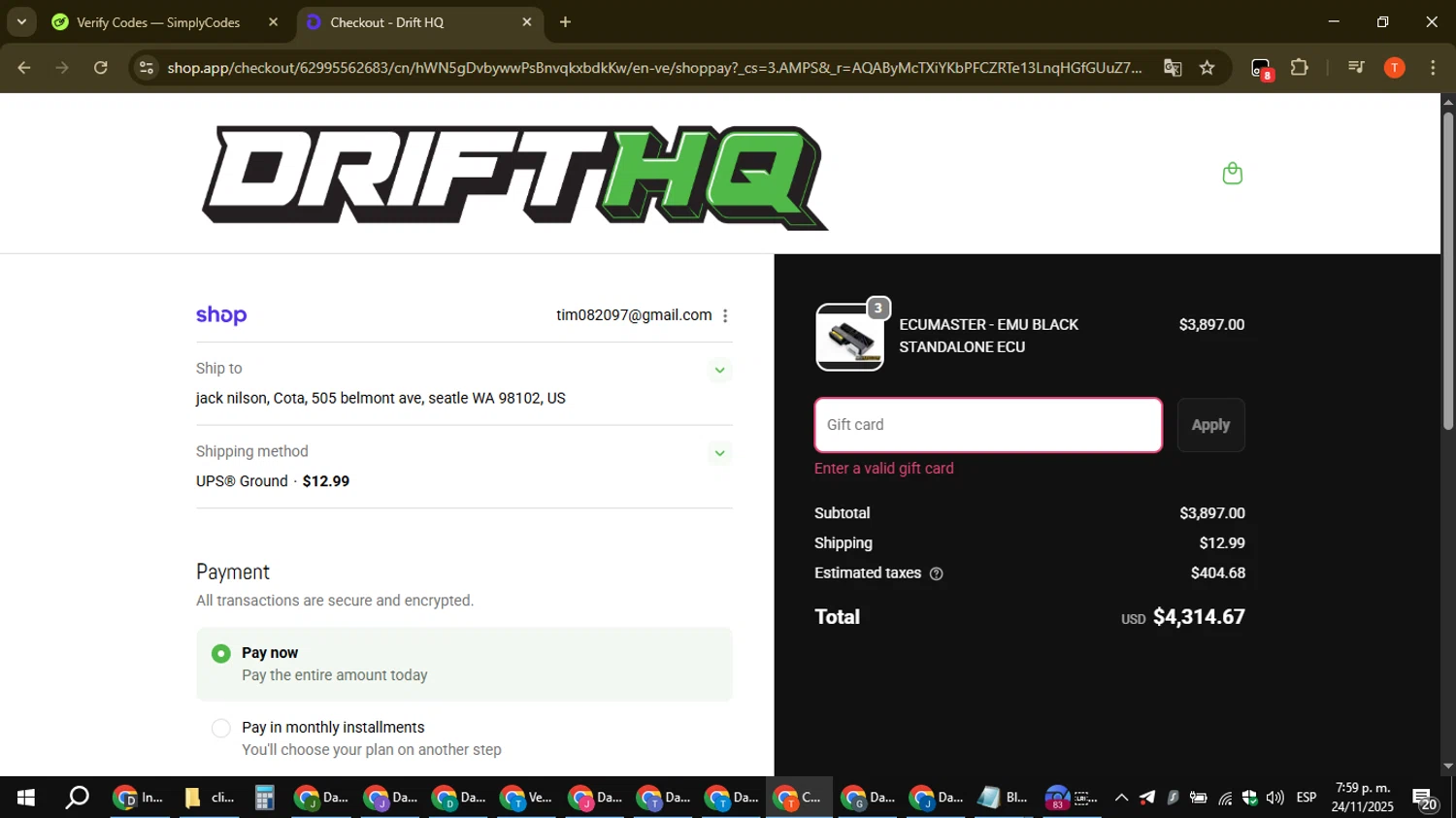 Drift HQ discount code screenshot showing code TJHUNT applied at Drift HQ checkout page. Uploaded by SimplyCodes community member ShrewdAce8338 on Nov 25, 2025